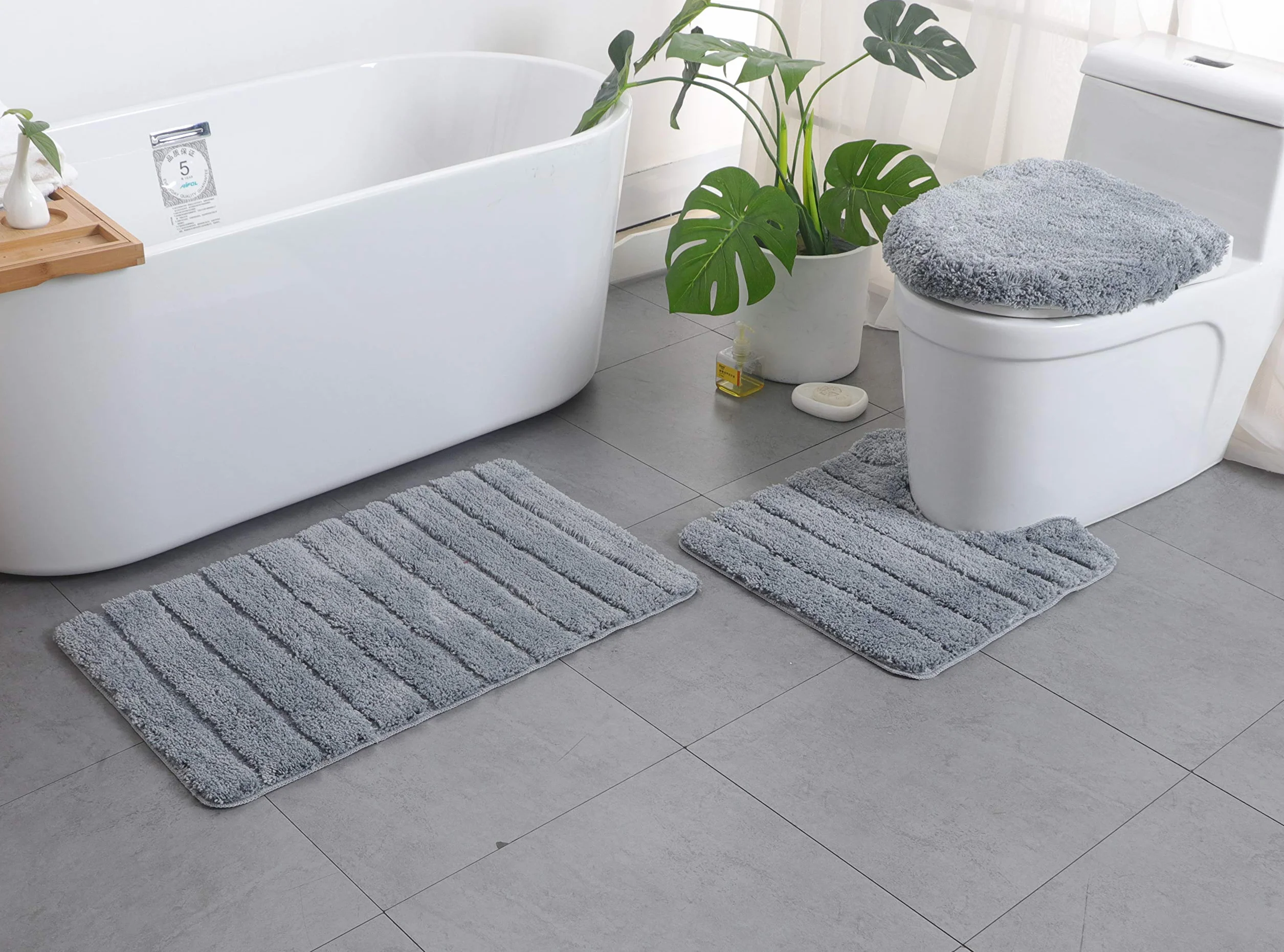 Topchances Juego de 3 alfombrillas de baño de microfibra antideslizante, peludas, suaves, de absorción rápida de agua, alfombrillas de baño, alfombrilla de baño, cubierta de asiento de inodoro (gris