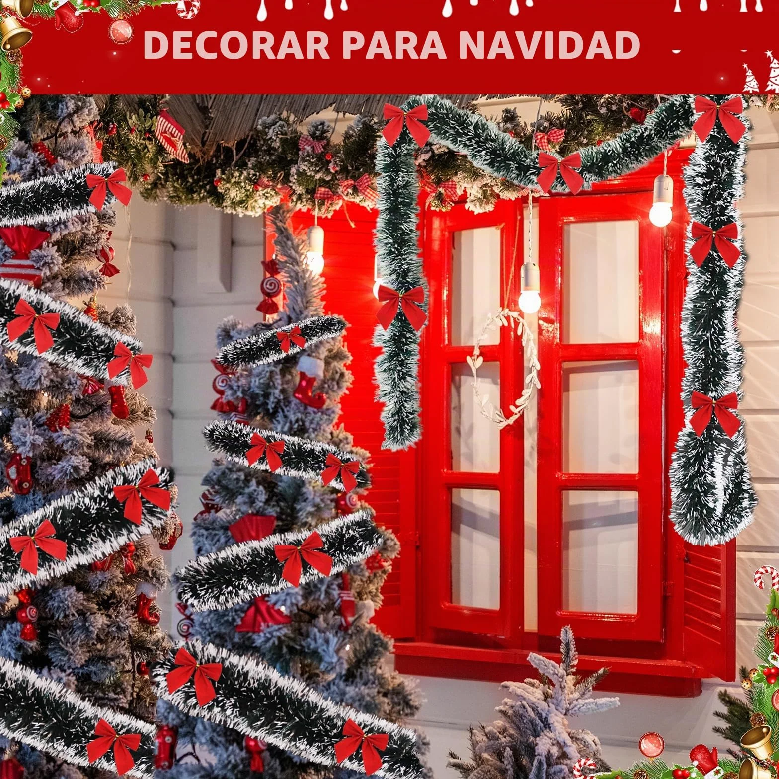 Guirnalda Navidad 10m + 24pcs Lazos Arbol Navidad Rojos, Grinalda Natal, Christmas Garland, Espumillón Verde Grueso, Decoración Navideña Guirnalda para Interior y Exterior, para Puertas Escaleras