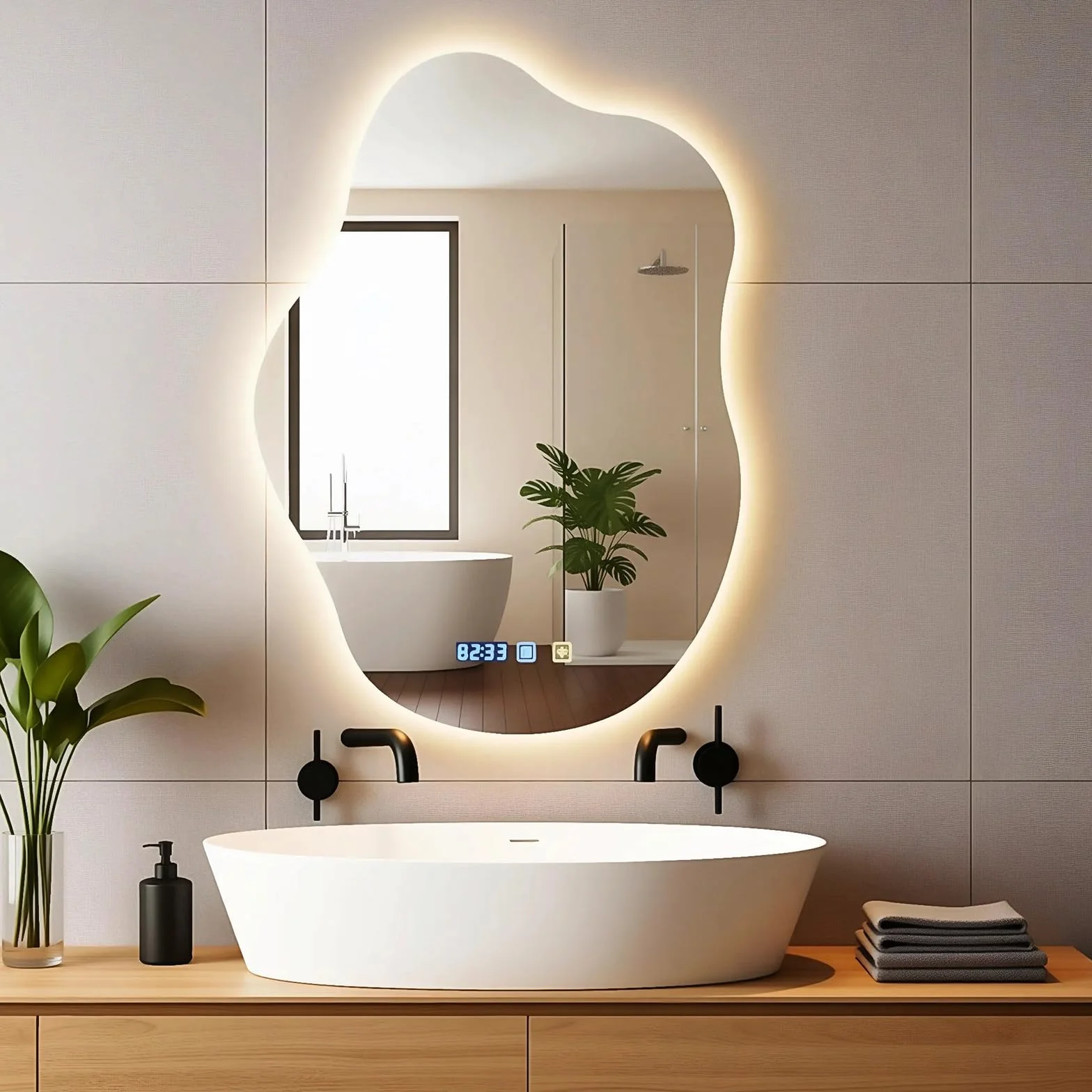 Espejo de pared con iluminación, 70 x 50 cm, espejo de baño LED, diseño en la nube con pantalla de tiempo y luz de 3 colores, antivaho, iluminación inteligente regulable para montaje en pared