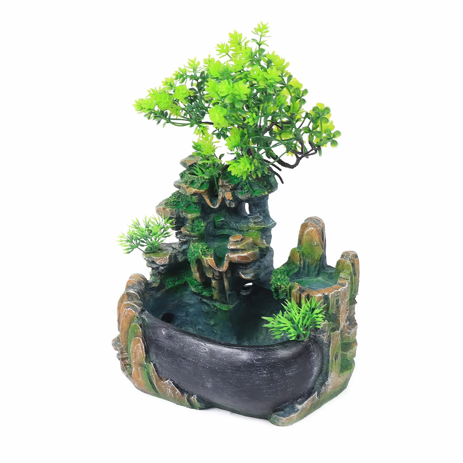 Fuente de interior con iluminación LED, fuente de planta verde, fuente de jardín, fuente decorativa, fuente de mesa, cascada con niebla, 28 x 15 x 20 cm
