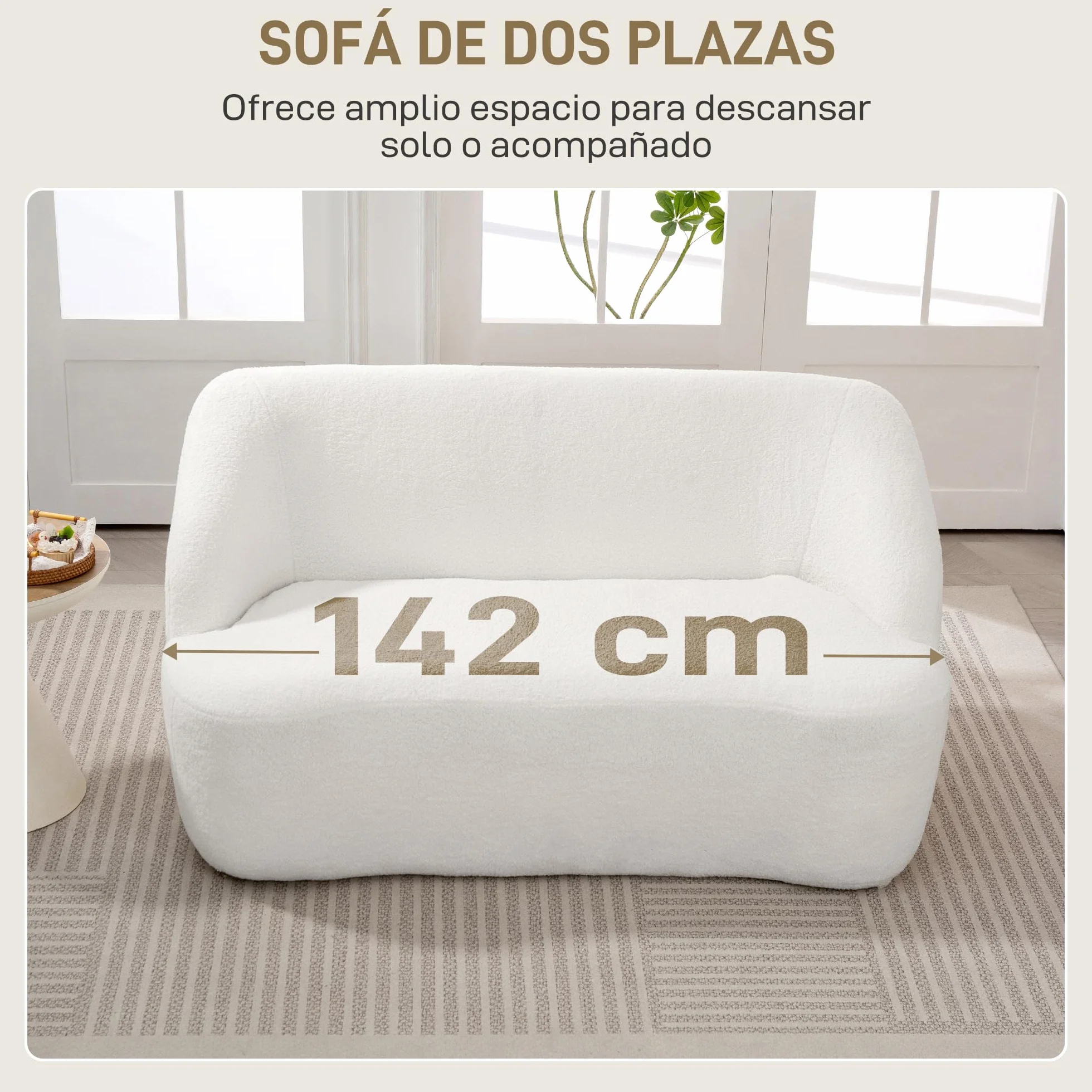 HOMCOM Sofá de 2 Plazas Tapizado en Borreguito Sofá de Salón de 142 cm con Diseño Curvo Acolchado Grueso No Requiere Montaje para Dormitorio Sala de Estar Oficina Crema