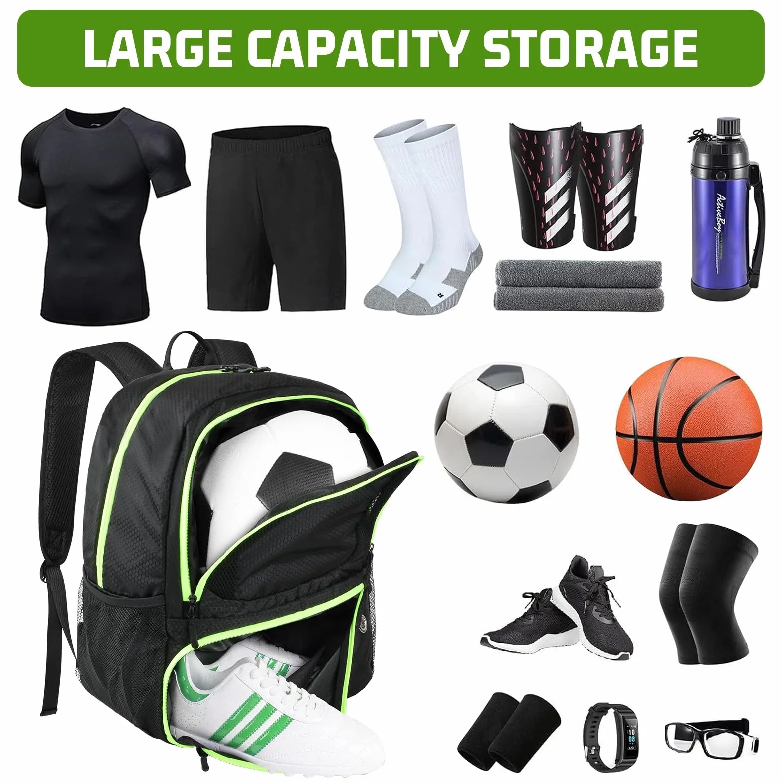 Dokeno Mochila de Fútbol con Compartimiento para Balones, Negro, 28 L