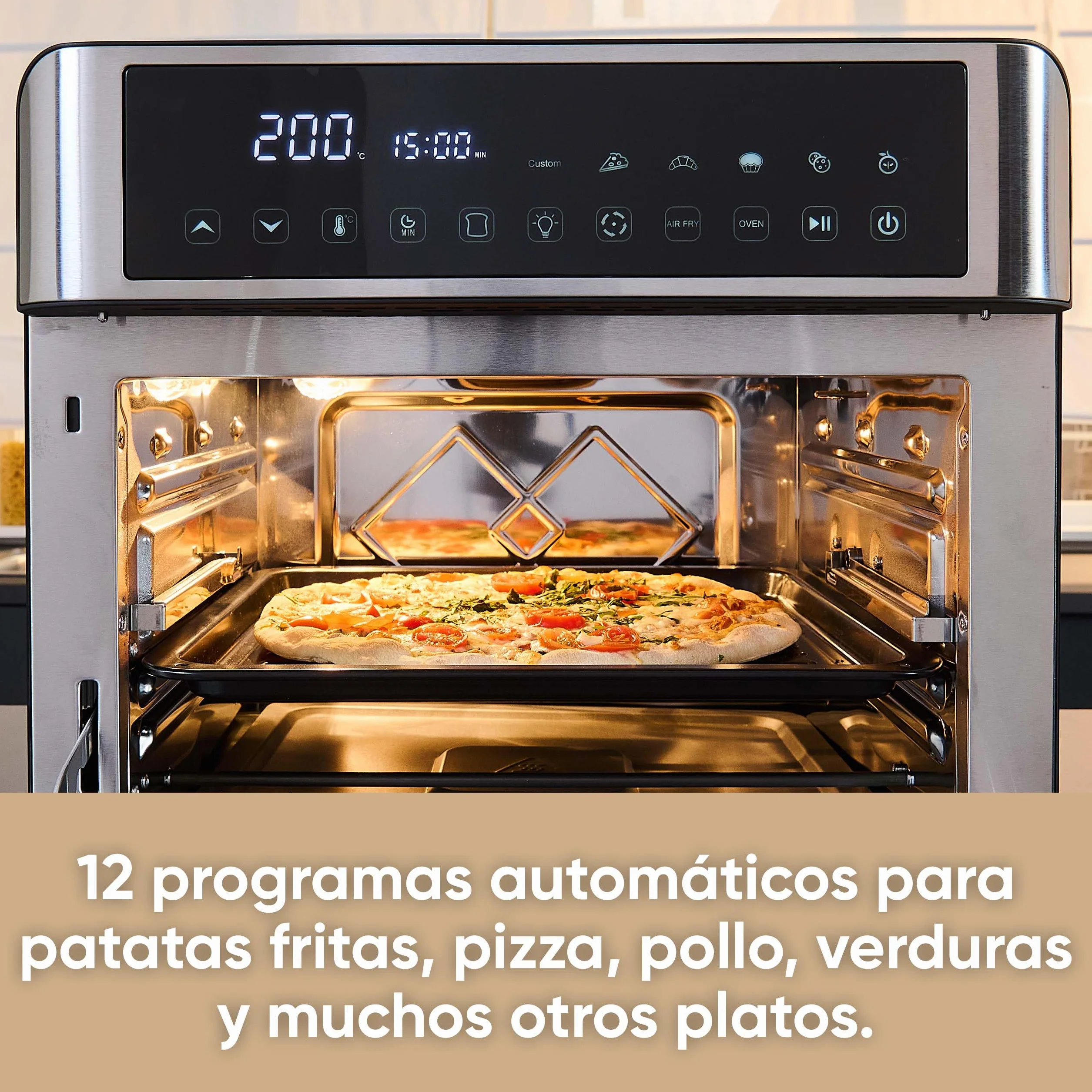 Severin Horno de sobremesa 2-en-1 tostador y freidora sin aceite, 25 L, con pantalla LED, temporizador y 12 programas automáticos; 40-220 °C, 2200 W, negro y plateado, TO 9579