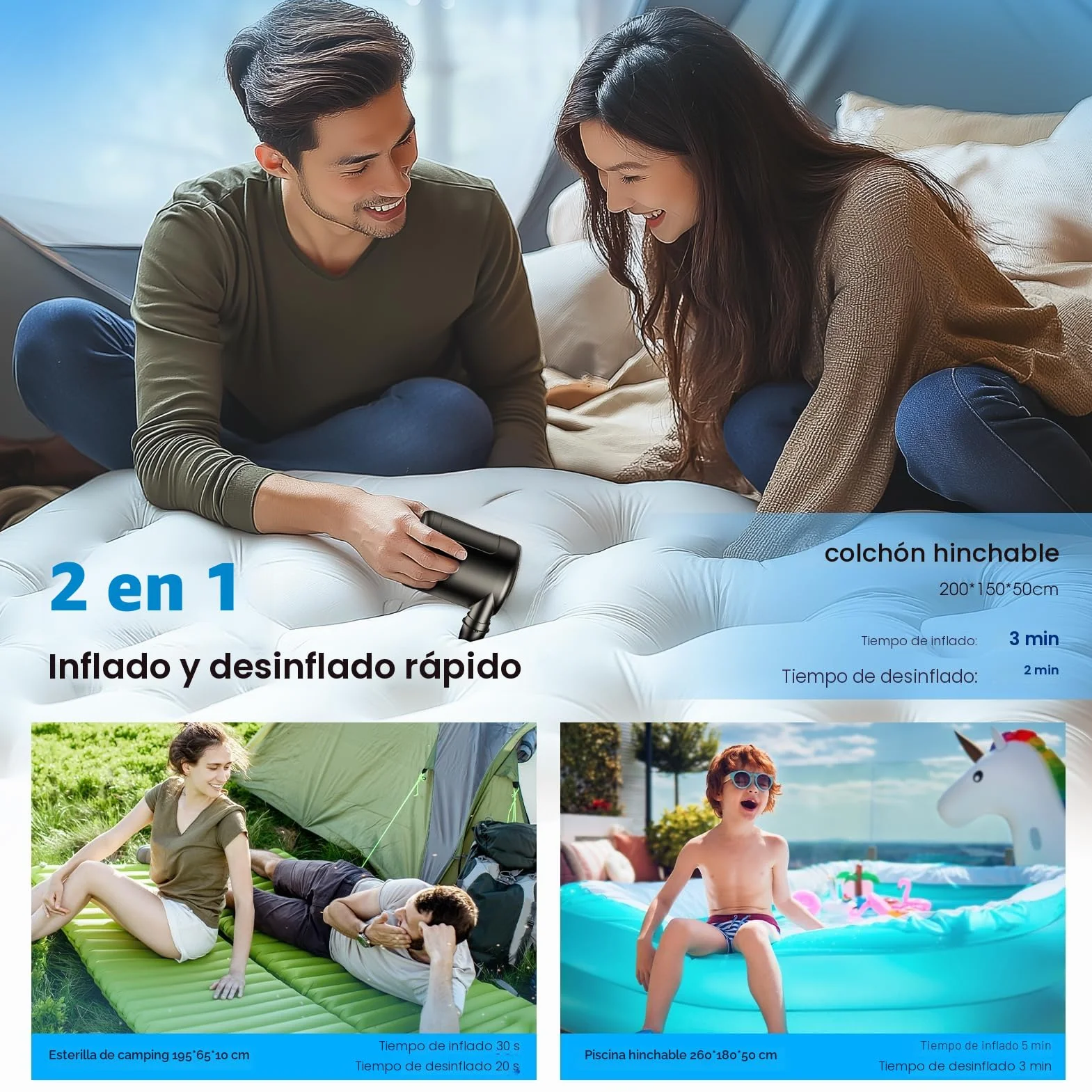 Inflador Eléctrico 6000mAh Bomba de Aire Portátil Recargable con 5 Boquillas para Colchón Hinchable, Bote Inflable, Piscina Infantil