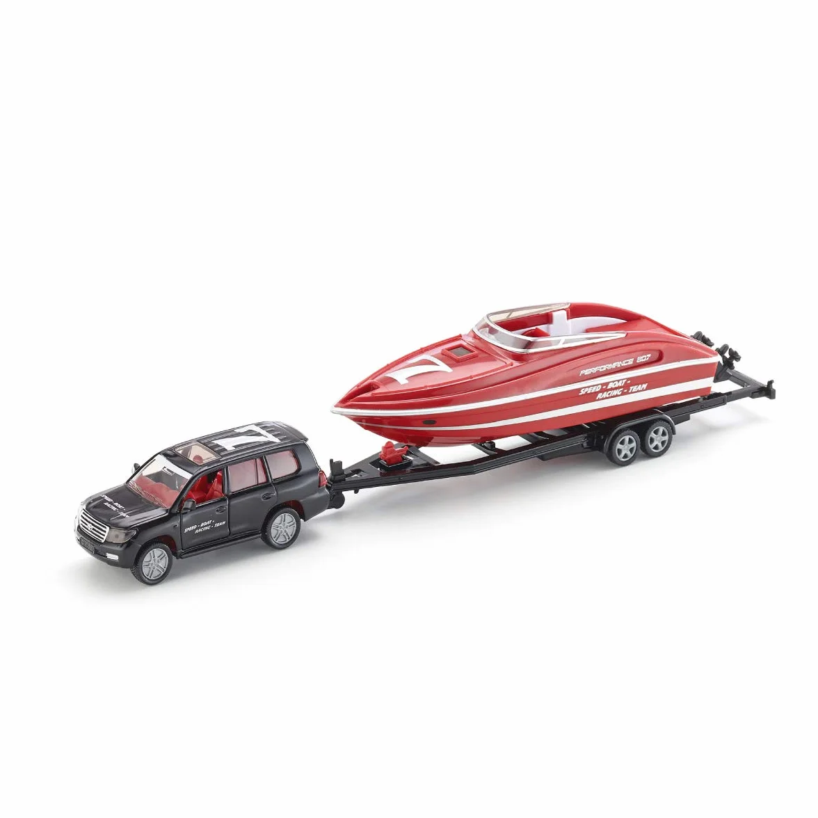 siku 2543 Coche con lancha motora, Barco de juguete flotante, 1:55, Metal/Plástico, Negro/Rojo