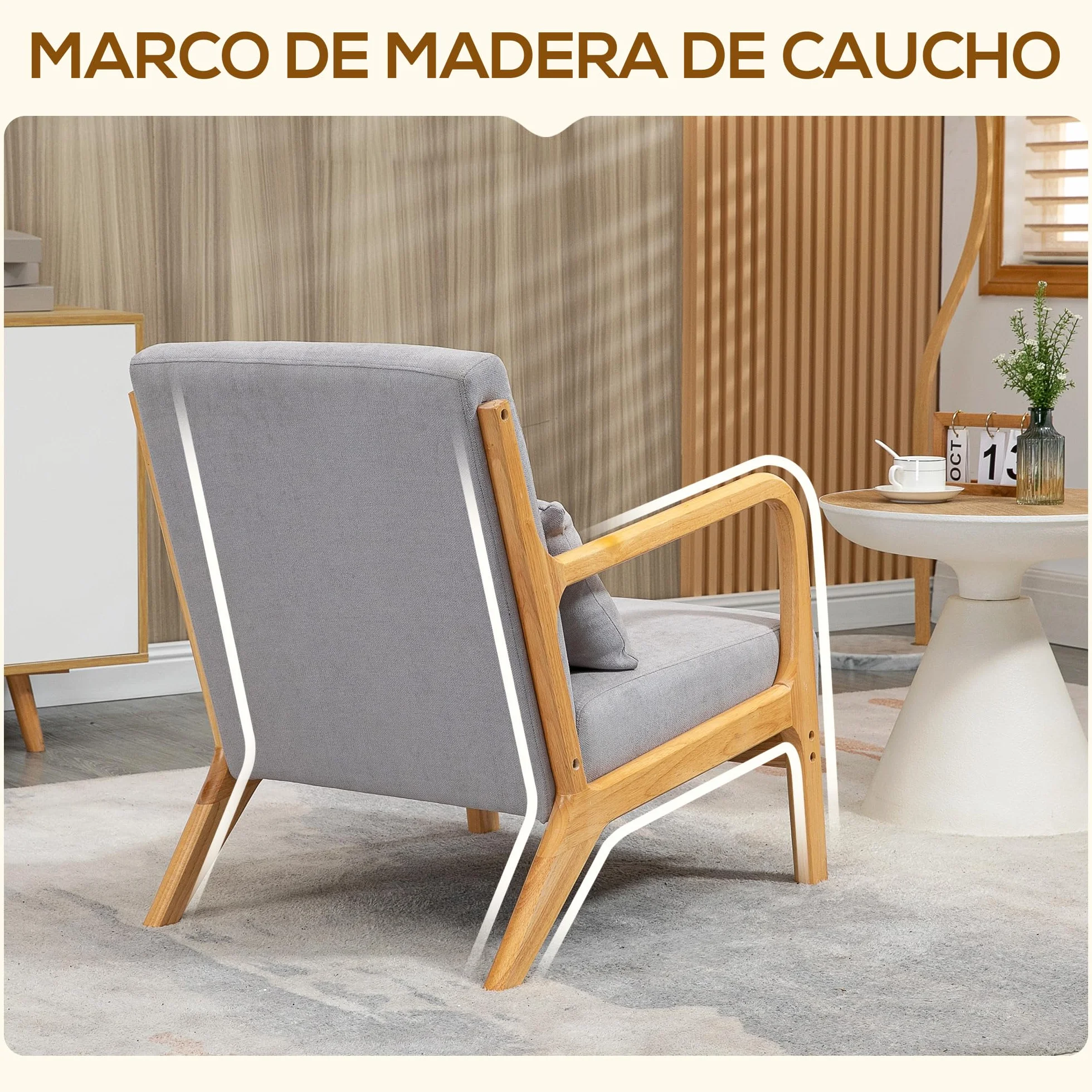 HOMCOM Butaca de Salón Butaca Nórdica Sillón de Salón con Reposabrazos Cojín y Marco de Madera de Caucho para Dormitorio Carga 120 kg 61x78x76 cm Gris