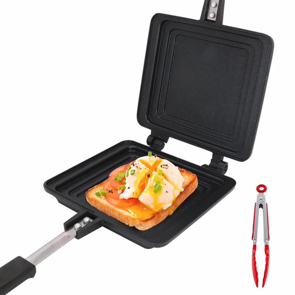 Sartén Antiadherente de Doble Cara, Sartén Multifunción Cuadrada de Cocina para Tortillas Sándwiches Tostadora de Desayuno para Acampar al aire libre, Sin PFOA
