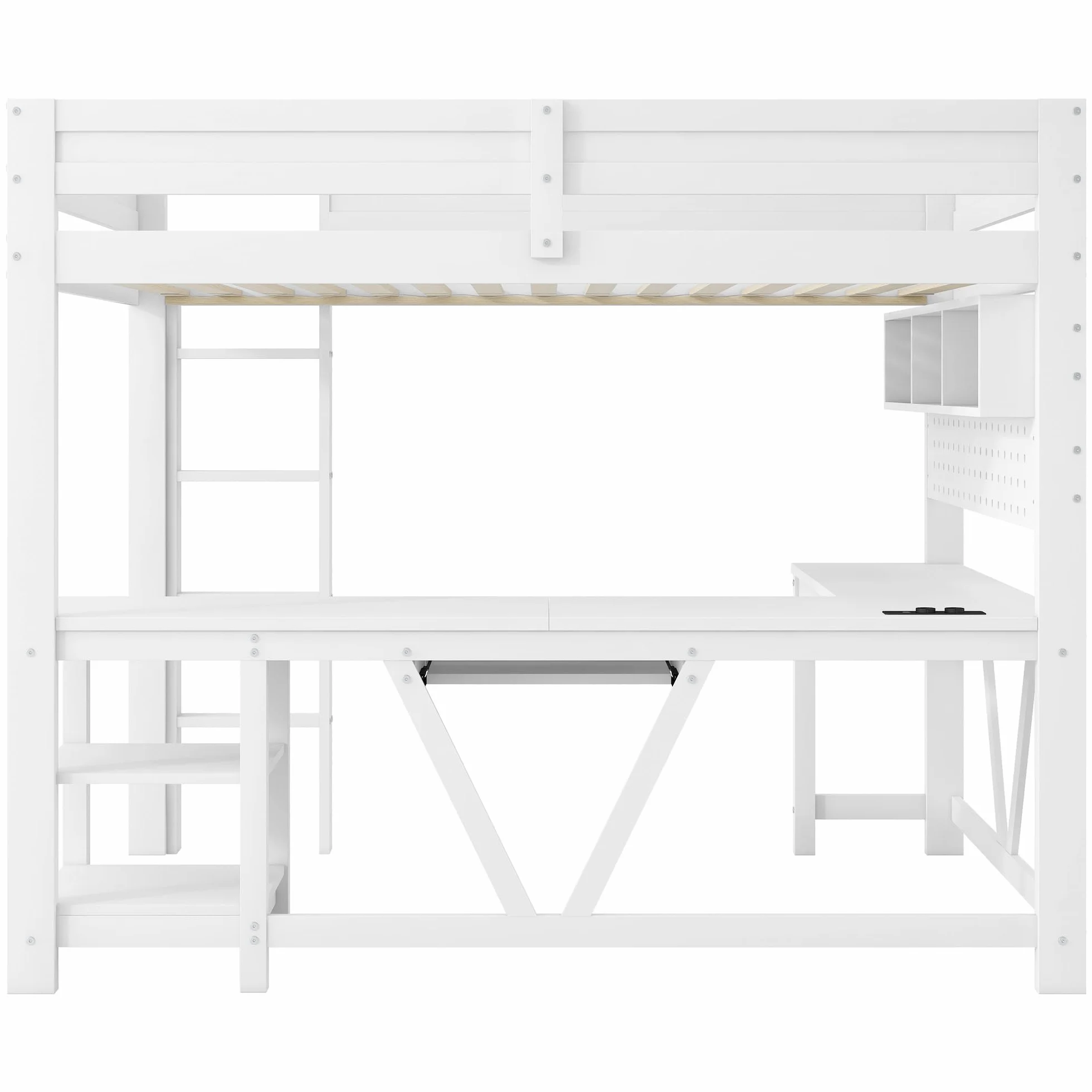 Moimhear Cama alta de madera para videojuegos con escritorio, estantes de almacenamiento, iluminación LED y base de carga, 90 x 200 cm (blanco)