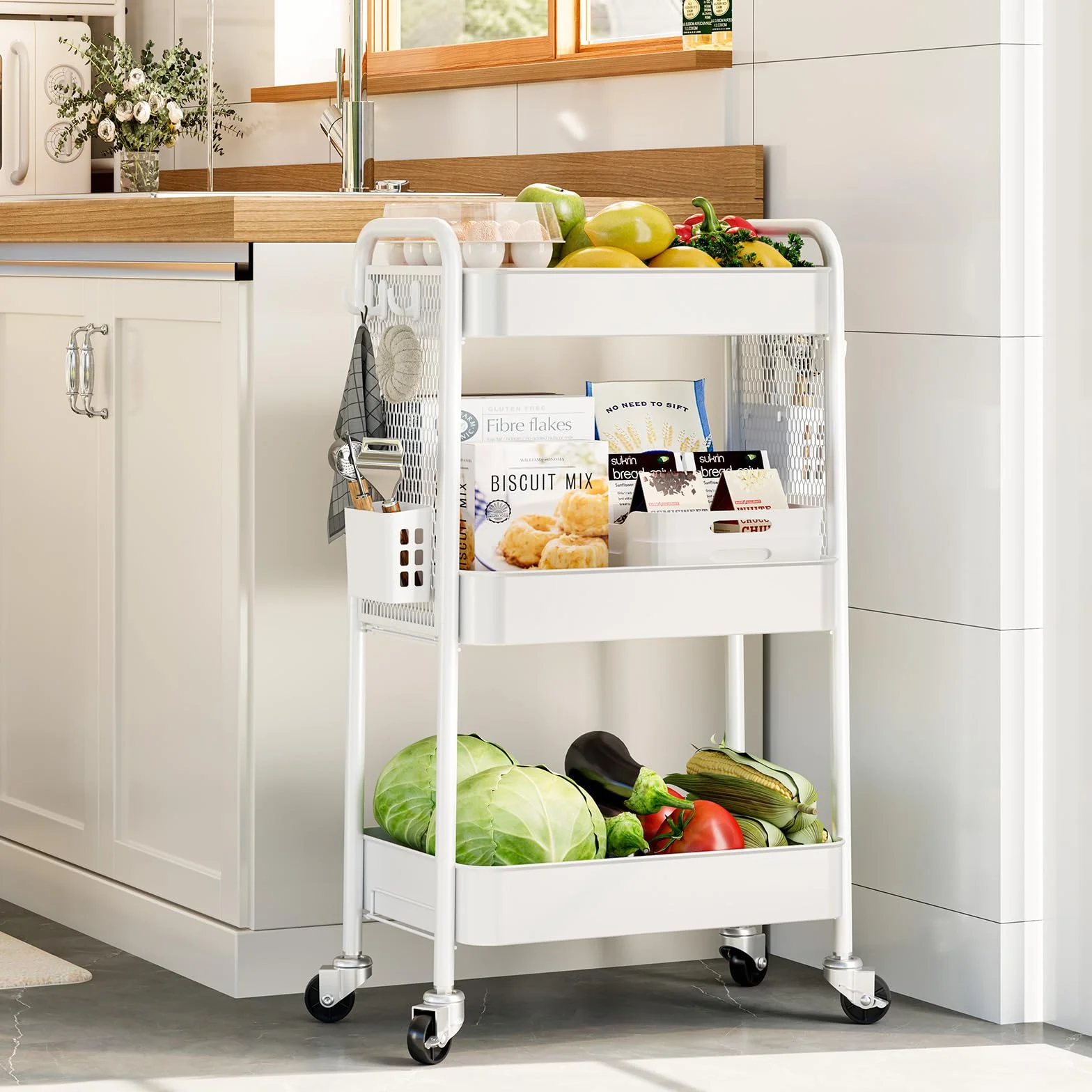 Urackify Carrito de Almacenamiento utilitario para diversas Aplicaciones – Carrito rodante de Metal de 3 Niveles con tableros de Clavijas, cestas y Ganchos para Almacenamiento Adicional en Cocina,