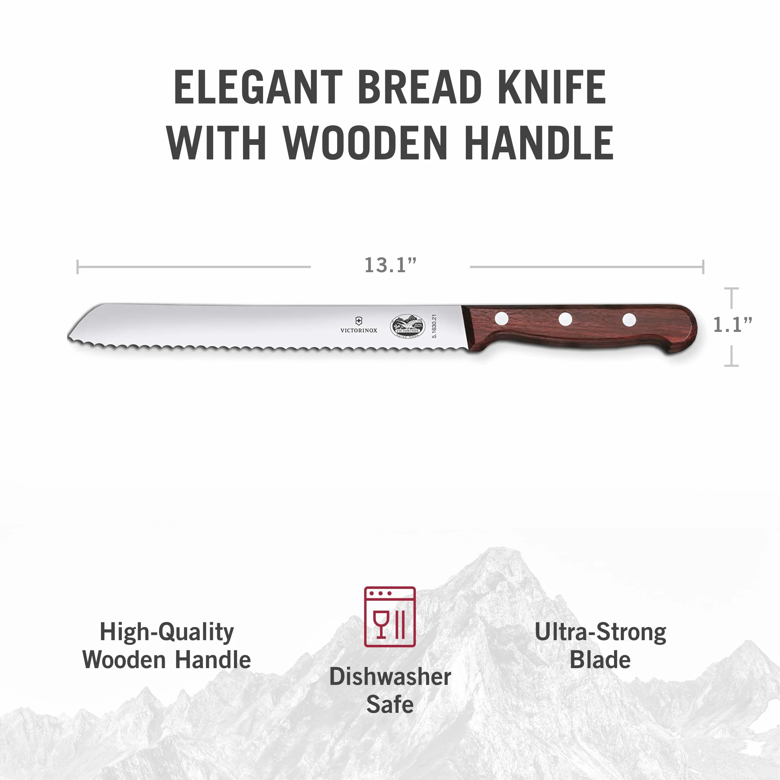 Victorinox Wood, cuchillo profesional para pan, filo dentado, hoja extra afilada, 21 cm, elegante mango de madera, acero inoxidable, marrón