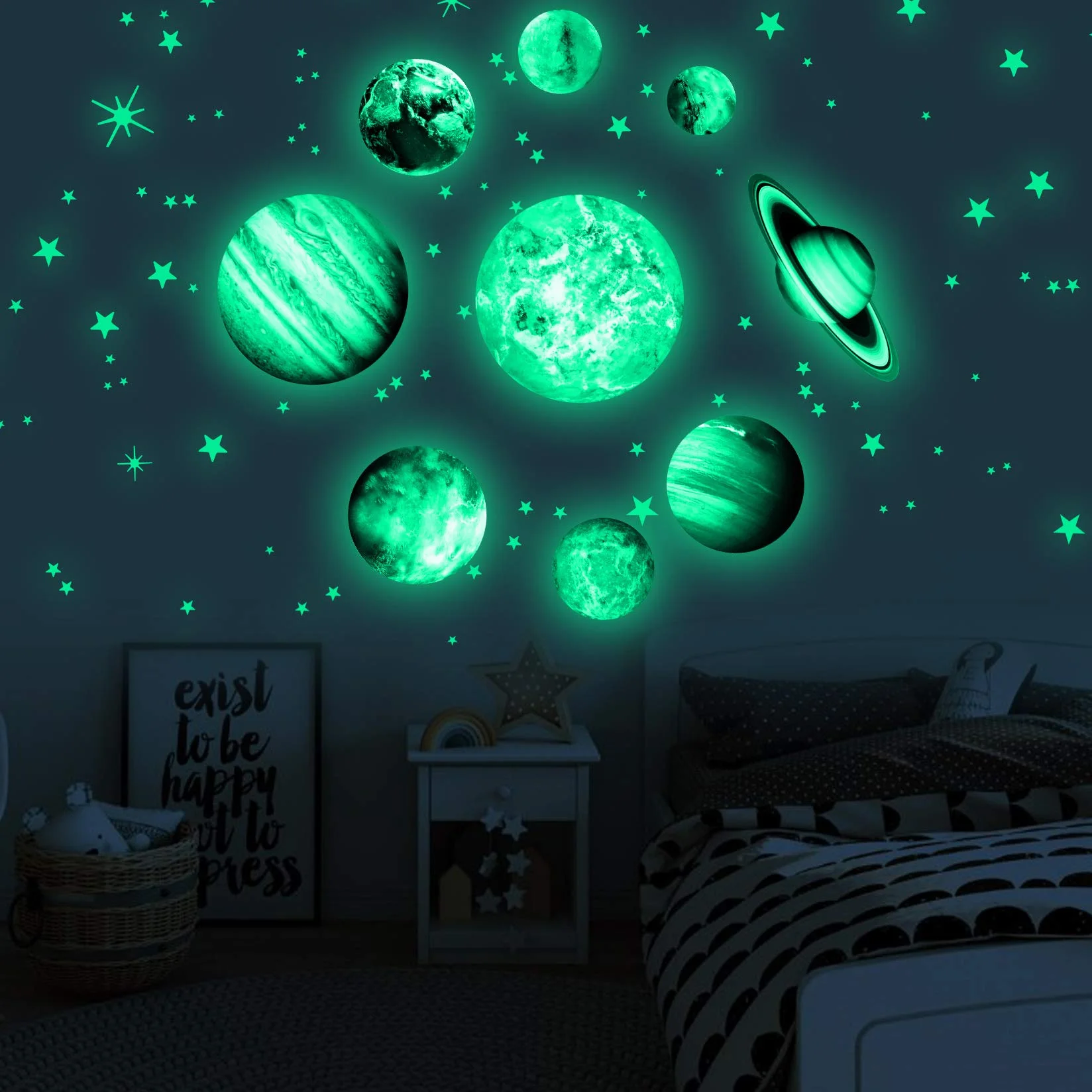 Yosemy Luminoso Pegatinas de Pared 9 Planetas Estrellas Sistema Solar Fluorescente Adhesivos Decoración Dormitorio