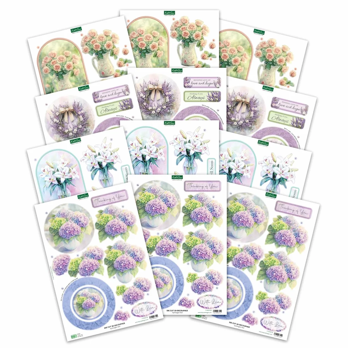 Katy Sue Thinking of You - Paquete de decoupage troquelado 3D. Un paquete de 12 hojas de troqueles para suministros de fabricación de tarjetas con lirios, lavanda, rosas y hortensias