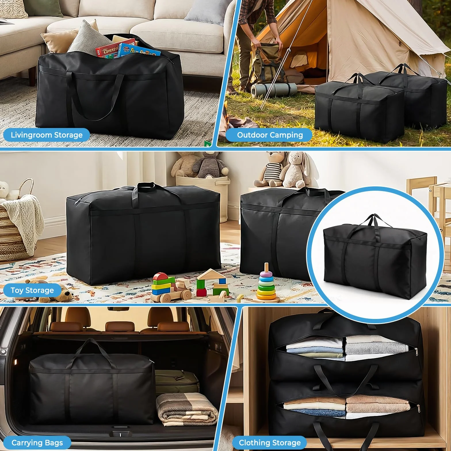 4 Piezas Bolsas de Almacenamiento Grandes de 105 Litros, 600D Oxford Bolsas de Mudanza Resistentes con Cremallera y Asa, Bolsa de Transporte Impermeable para Mudanzas, Edredones, Ropa de Cama, Negro