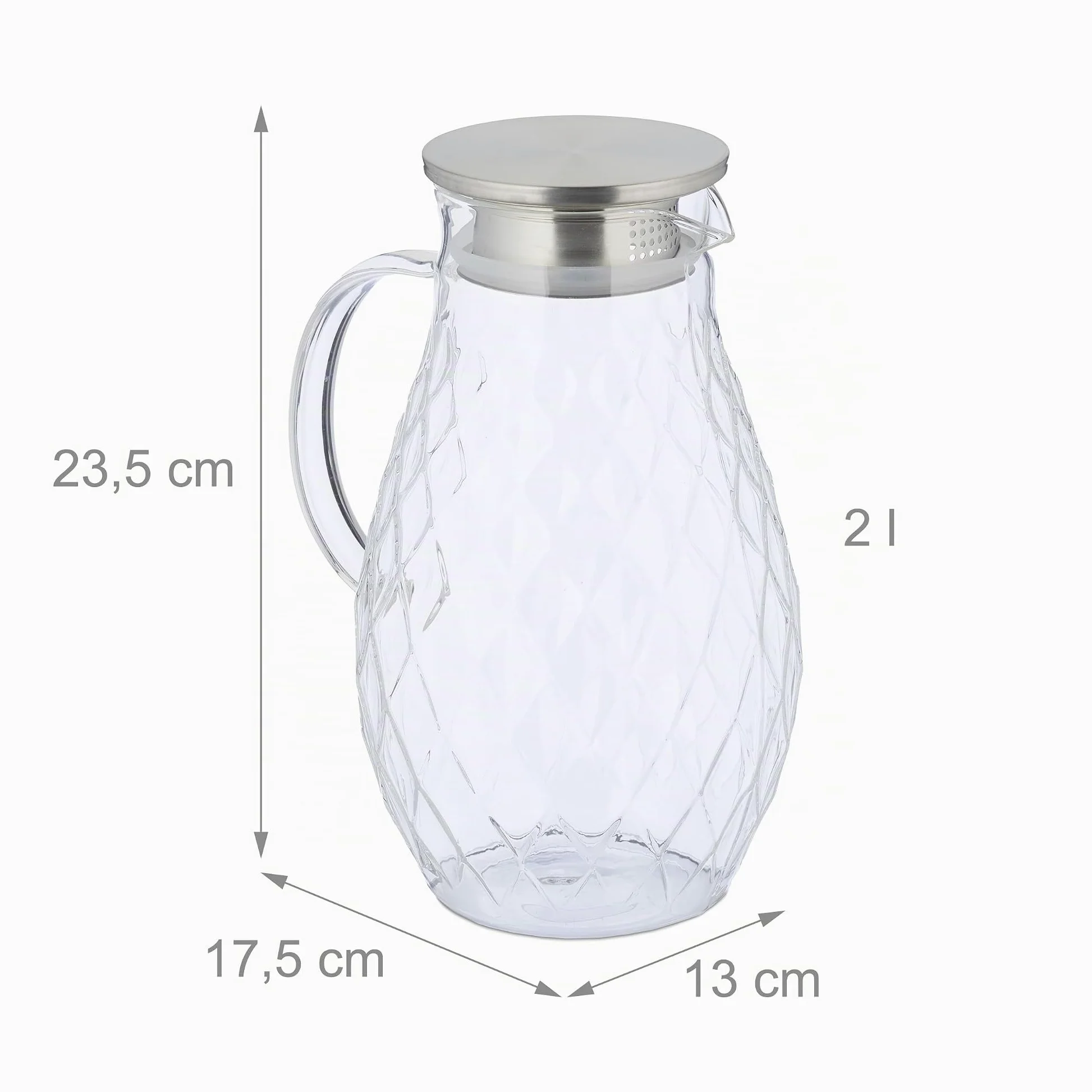 Relaxdays Jarra de Cristal, 2 litros, Garrafa Zumo con Tapa, para Servir Té Helado, Vidrio, Acero, Transparente/Plateado