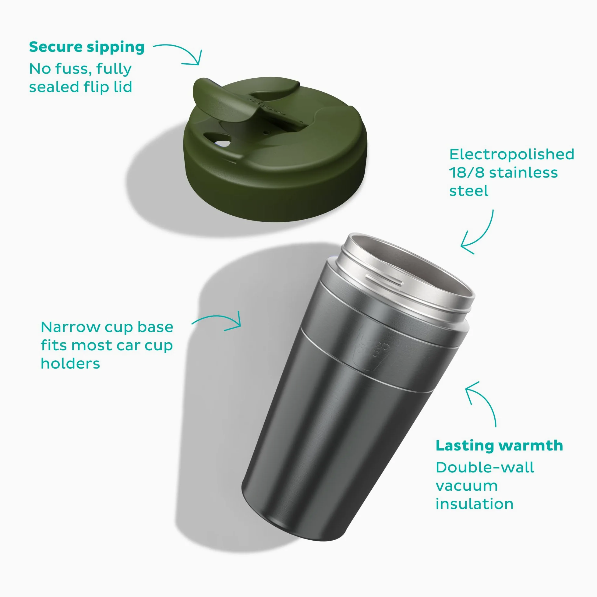 KeepCup Commuter - Taza de café reutilizable de acero inoxidable aislada con tapa abatible a prueba de derrames, 454 ml, color azul eléctrico