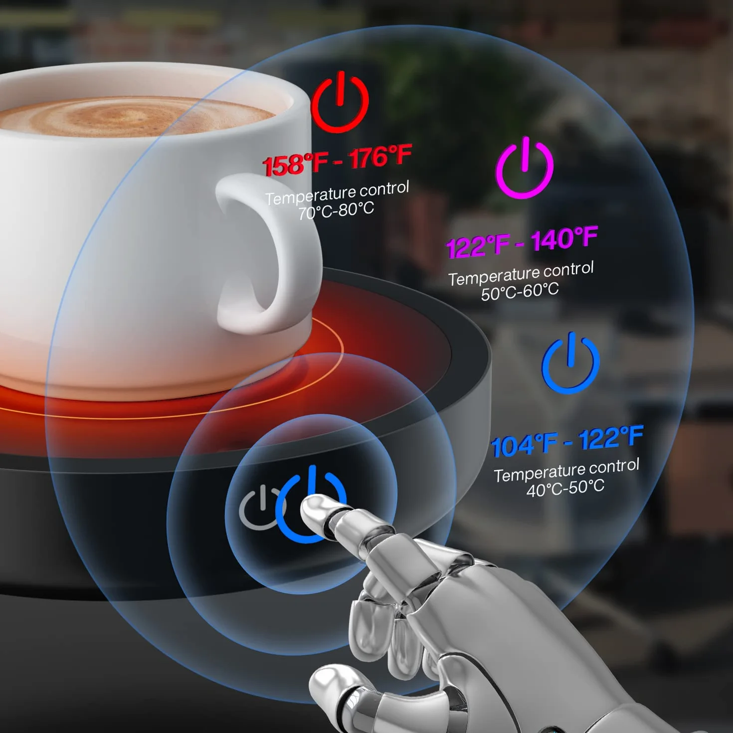 Calentador de Tazas de Café, 36 vatios Calentador Bebidas con Tres ajustes de Temperatura (Up To 176°F/80℃), Placa Calentadora de Tazas para Té/Agua/Leche, Incluye Taza