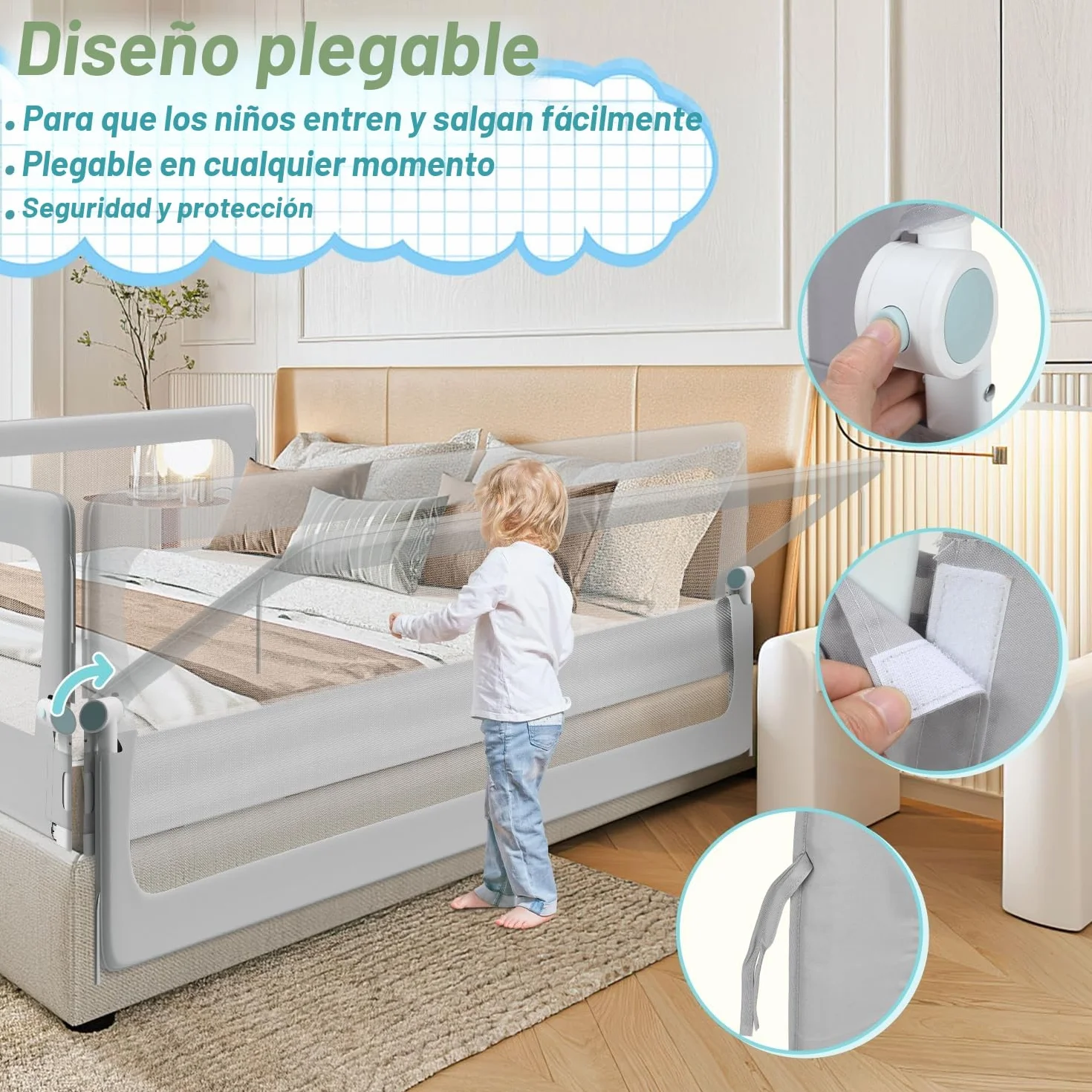Barrera para cama de 180 cm, protección contra caídas, plegable 180 grados, altura ajustable 72-86 cm, rejilla para cuna con patas trapezoidales y correas de fijación, gris