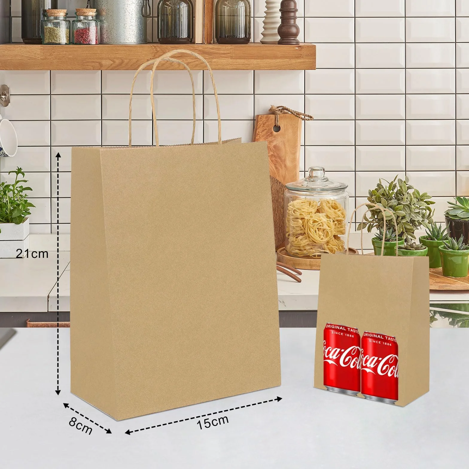 Gucass 50 Pieza Pequeñas Bolsas Papel Kraft con Asas, Marrón Bolsas de Papel Regalo, 15x8x21cm, Bolsitas de Regalos para Embalaje de Regalo, la Compra, Navidad Fiestas de Cumpleaños Bodas