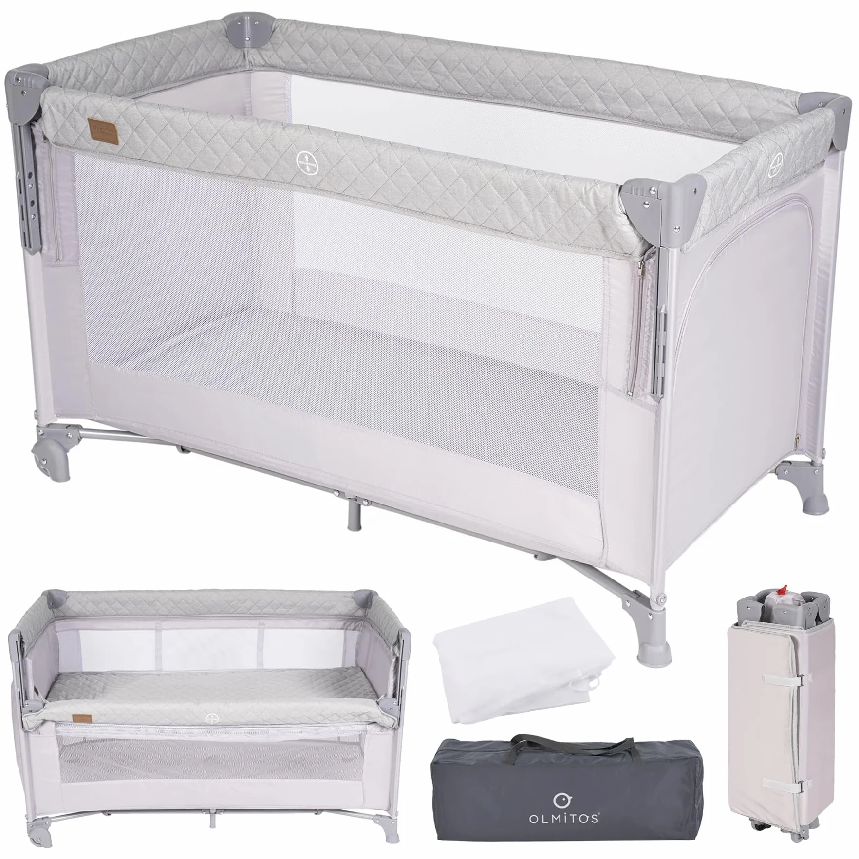 Cuna de Viaje Colecho 3 en 1 Trend Cun con Mosquitera 0-3 años (0-15kg) Plegable, Doble Altura, Lateral Abatible, Parque de Juegos, Bolsa de Transporte Gris Claro