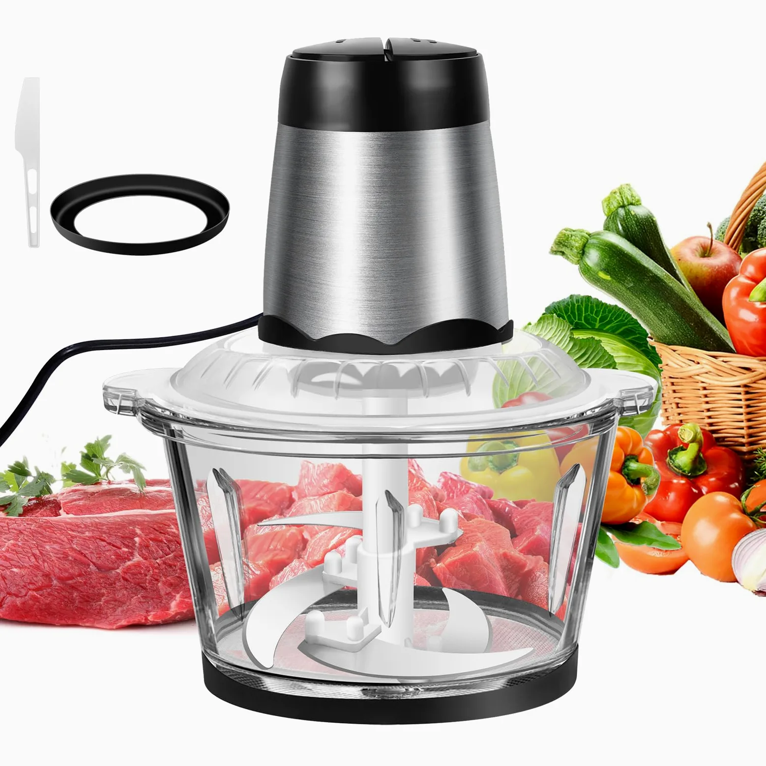 Procesador eléctrico de alimentos y picador, 300 W con recipiente de vidrio de 2 L, 4 cuchillas de acero inoxidable, 2 ajustes de velocidad, funcionamiento con un solo toque, fácil de limpiar, mini