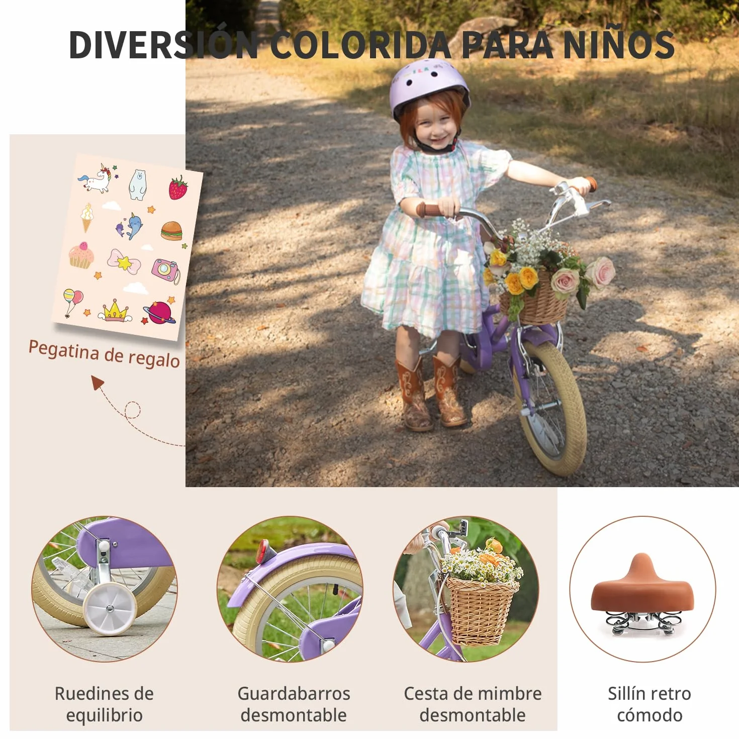 Bicicleta de niña 12 14 16 20 Pulgadas con Cesta y estabilizadores
