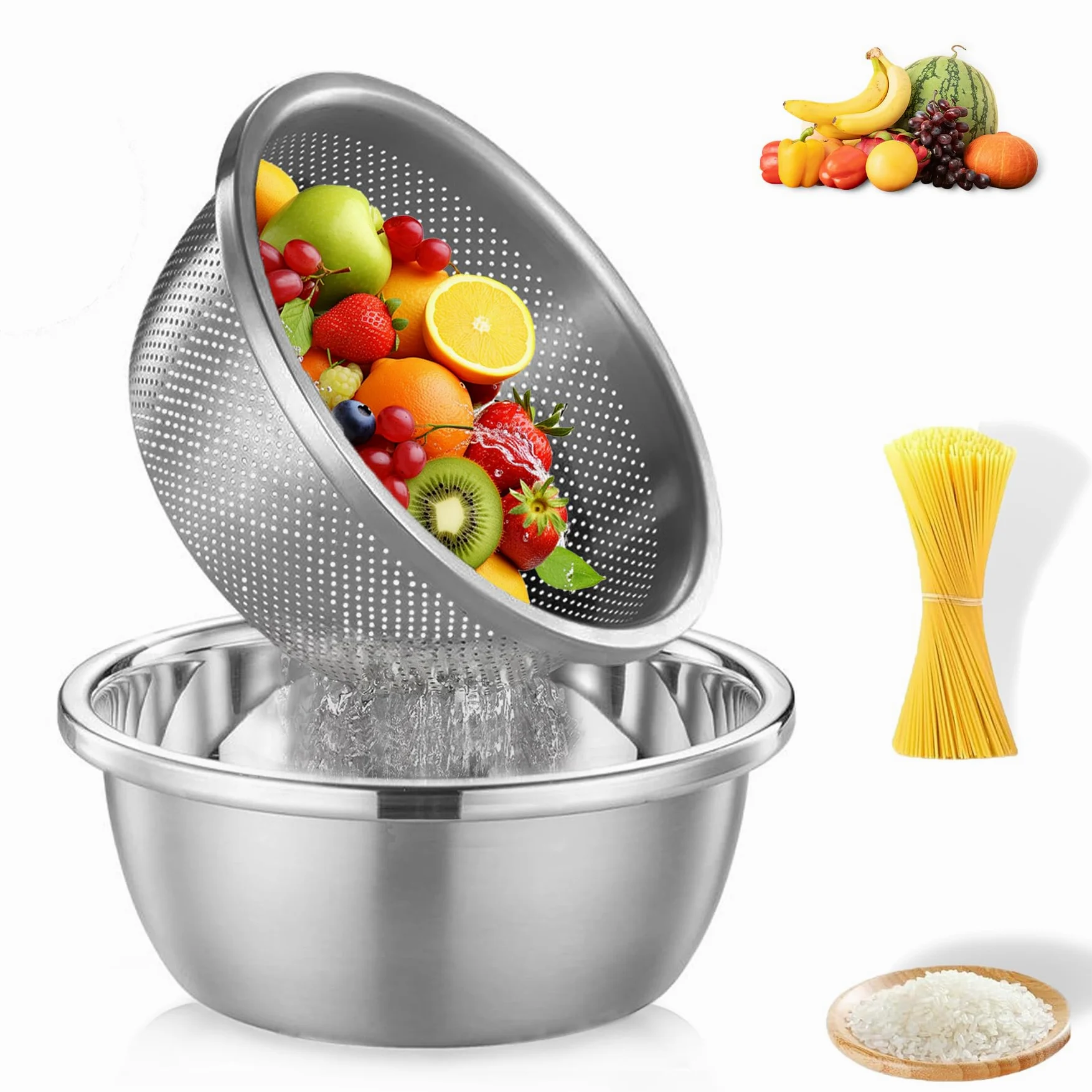 Juego de colador de Alimentos de colador de Colas de Lavado de arroz - 304 colador microporoso de Acero Inoxidable con tazón de Mezcla para drenar Fruta, Pasta, Espagueti - 2 -Qt