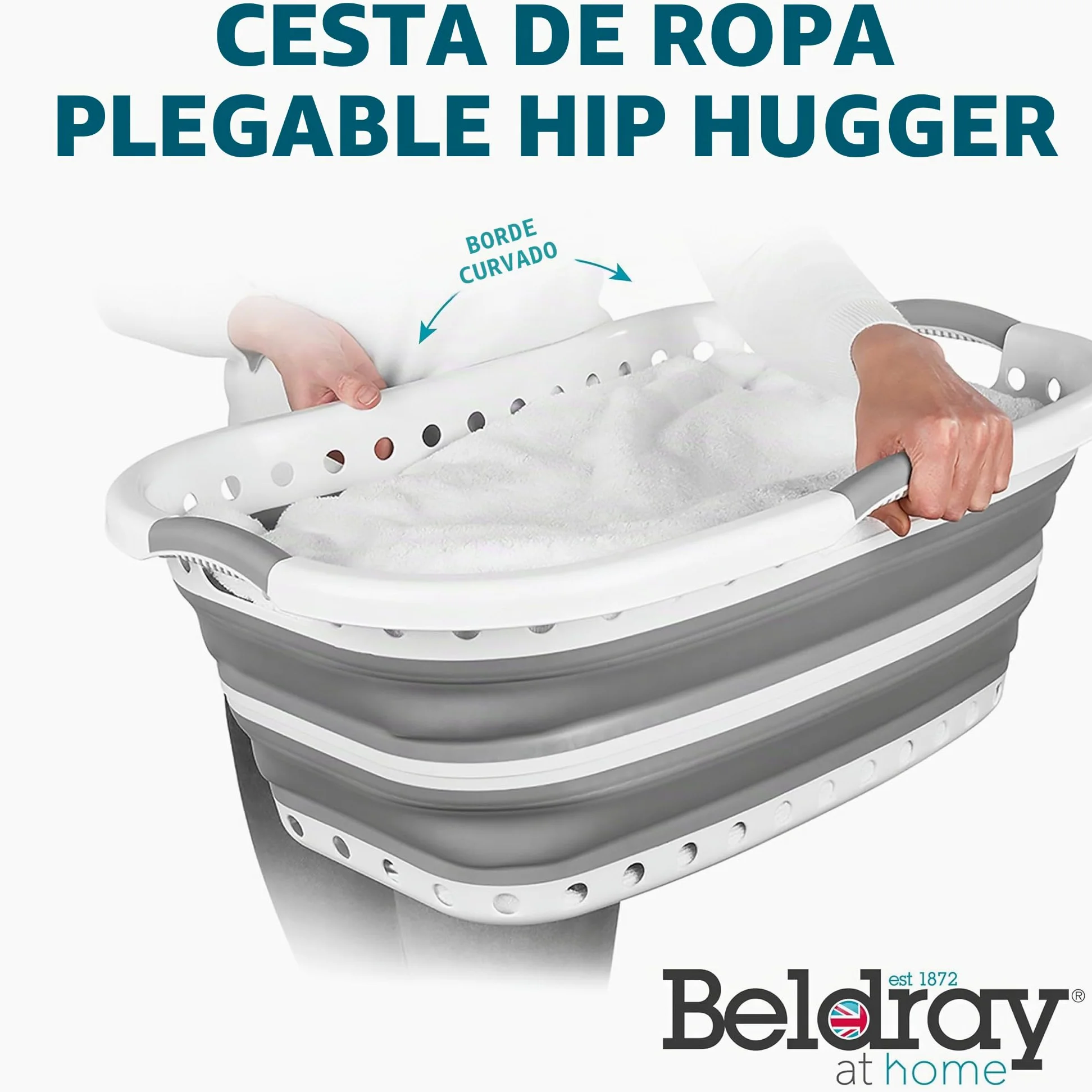 Beldray LA072979GRYEU Cesta De Colada Adaptable a La Cadera, Transportar Y Meter Ropa Sucia, Cubo Práctico y Plegable Con Asas Ergonómicas, Para Cuarto de Baño, Dormitorio o Lavandería