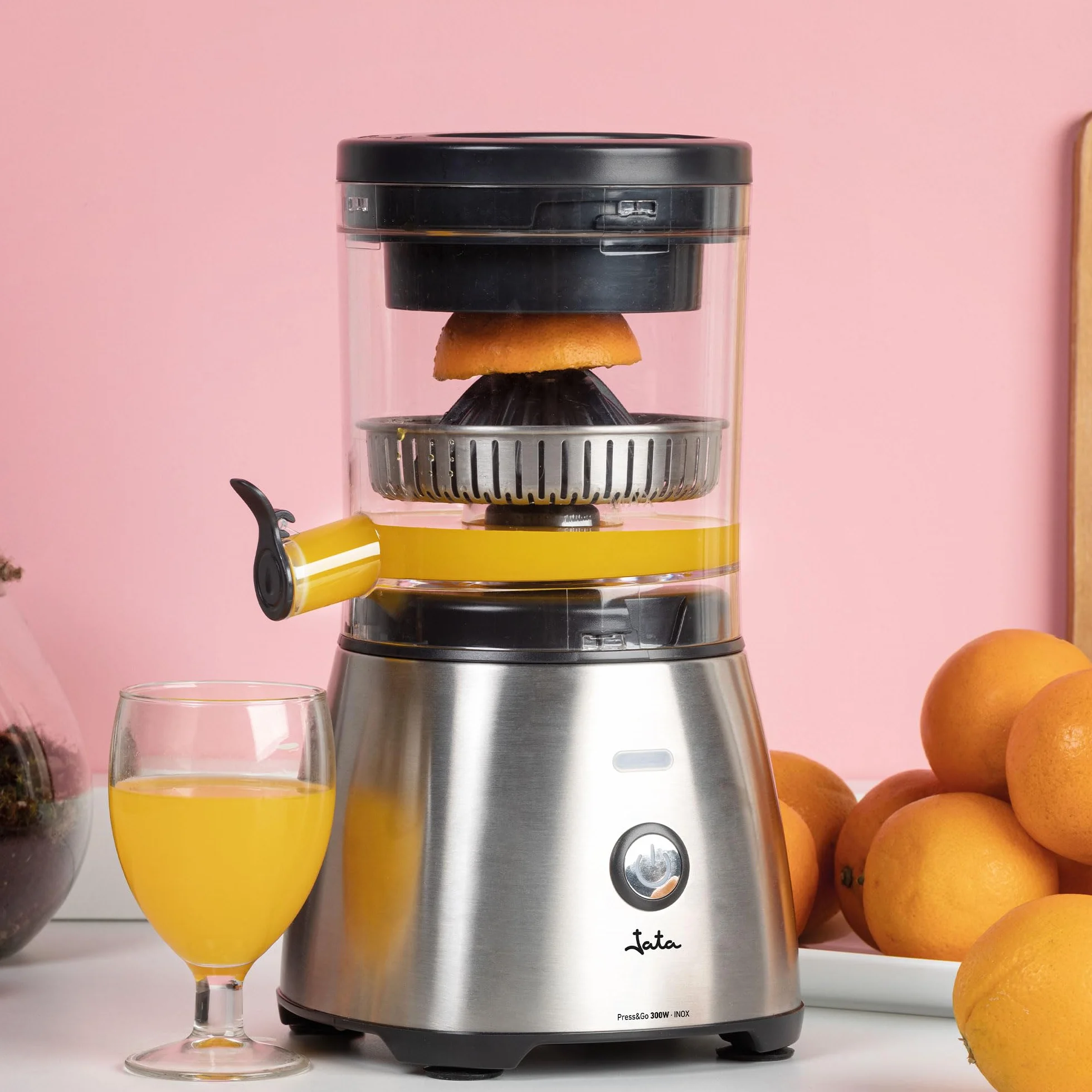 JATA JEEX1616 - Exprimidor de Naranjas Eléctrico Automático 300 W | Cuerpo y filtro de acero inoxidable | Sistema antigoteo | Apto para todo tipo de frutas | Piezas desmontables. Base Antideslizante