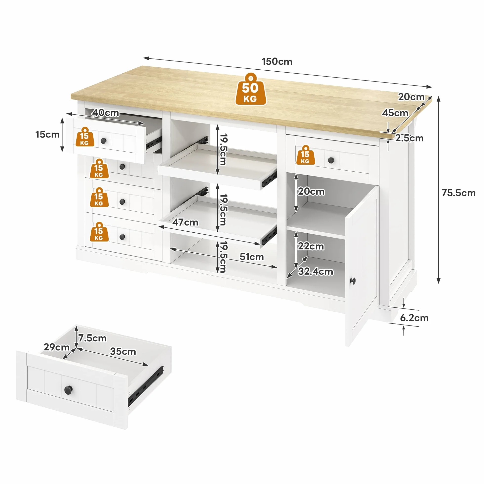 Isla de cocina, 150 × 65 × 75 cm, con cinco cajones, dos estantes extraíbles, un panel de extensión abatible y tomas integradas. Mueble bar, aparador, muebles blancos.