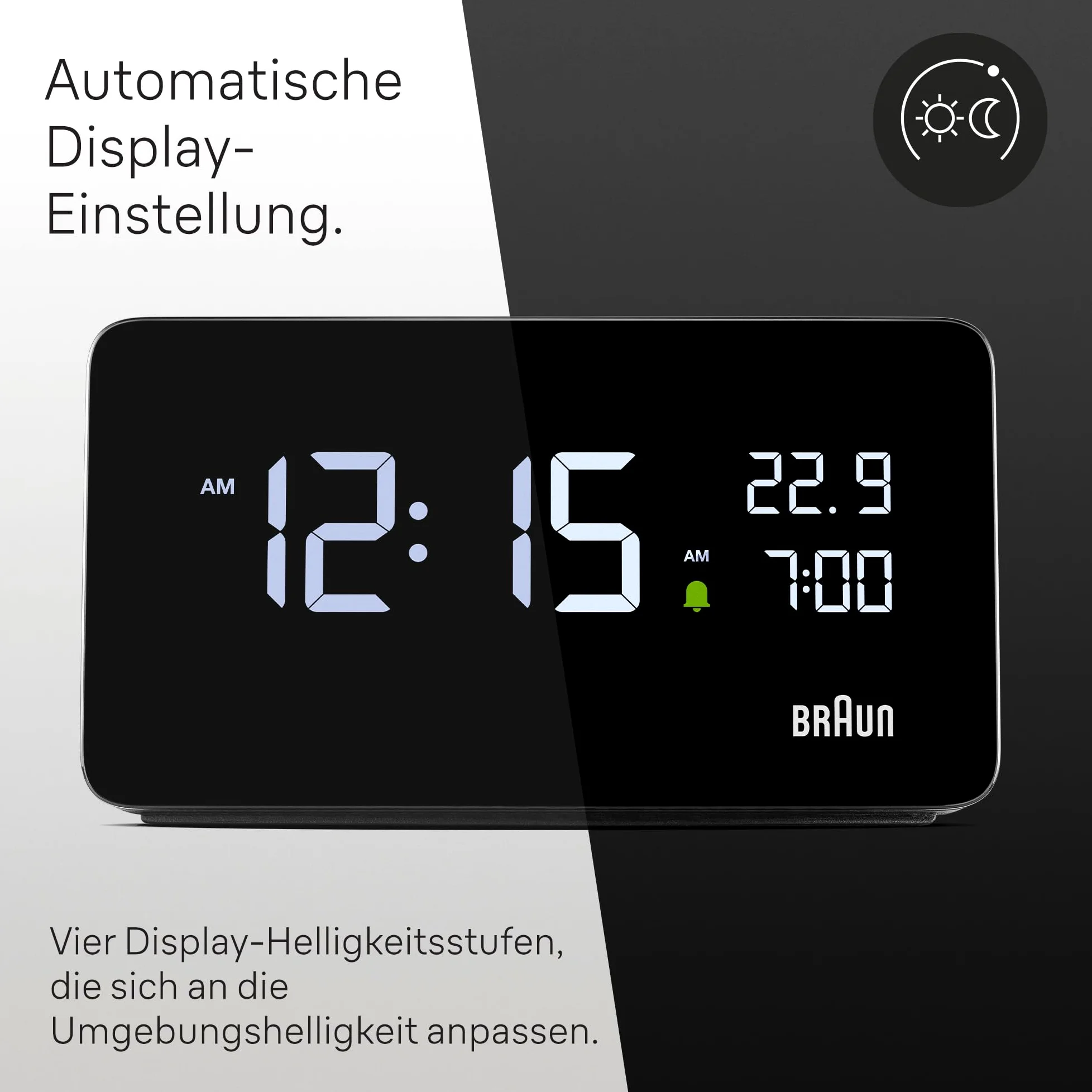 Braun Reloj Despertador Digital Pantalla LCD, 2 Puertos USB-C para Cargar Otros Dispositivos, visualización de Fecha y Hora, repetición táctil, configuración rápida, en Negro, Modelo BC20B.