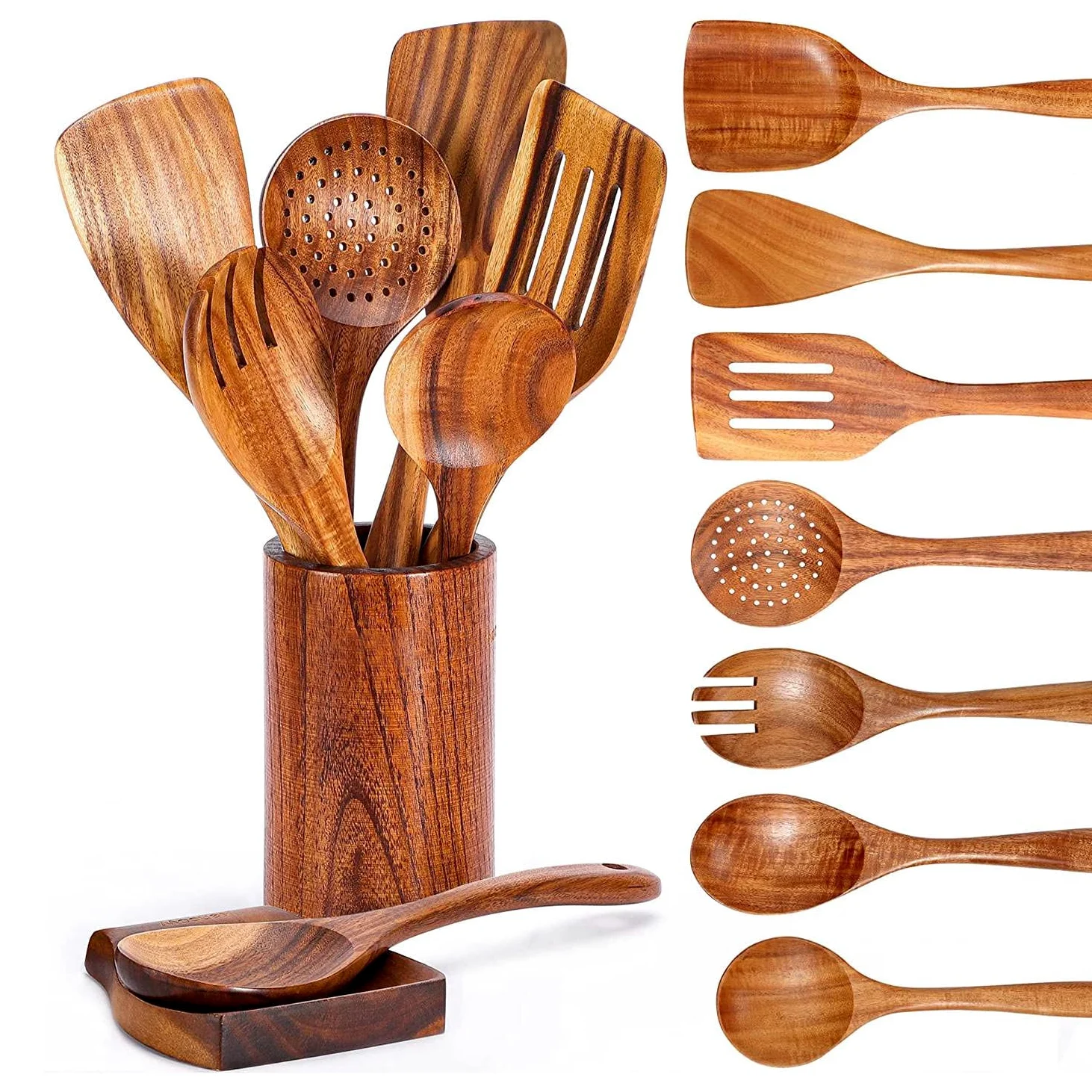 ANTIOCH 9 Cucharas de para Cocinar, Utensilios de para Cocinar Soporte para Utensilios, de Utensilios de Cocina de de Teca
