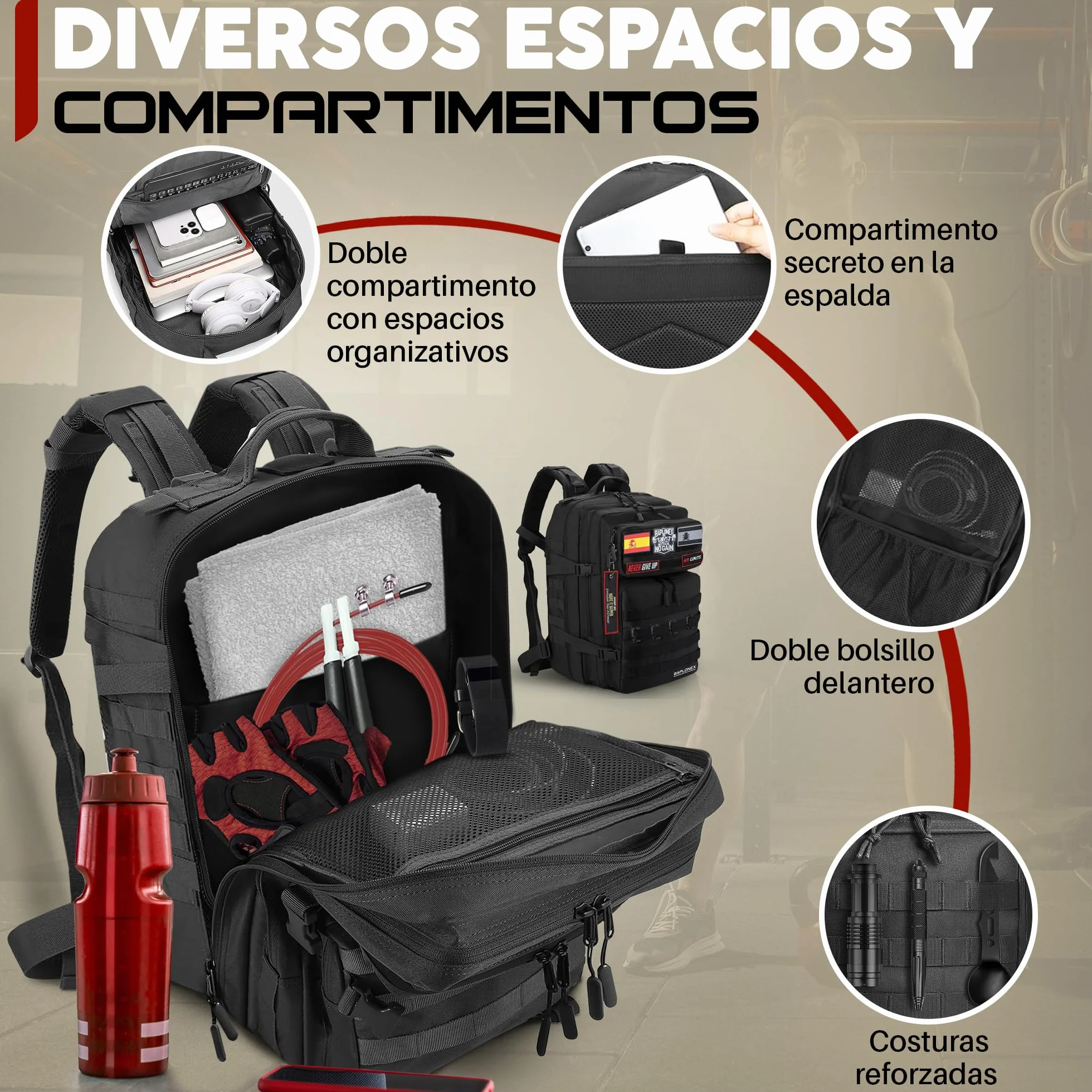 Mochila Militar 45L Tactica para Cross Training y Gimnasio con 5 Parches y Llavero