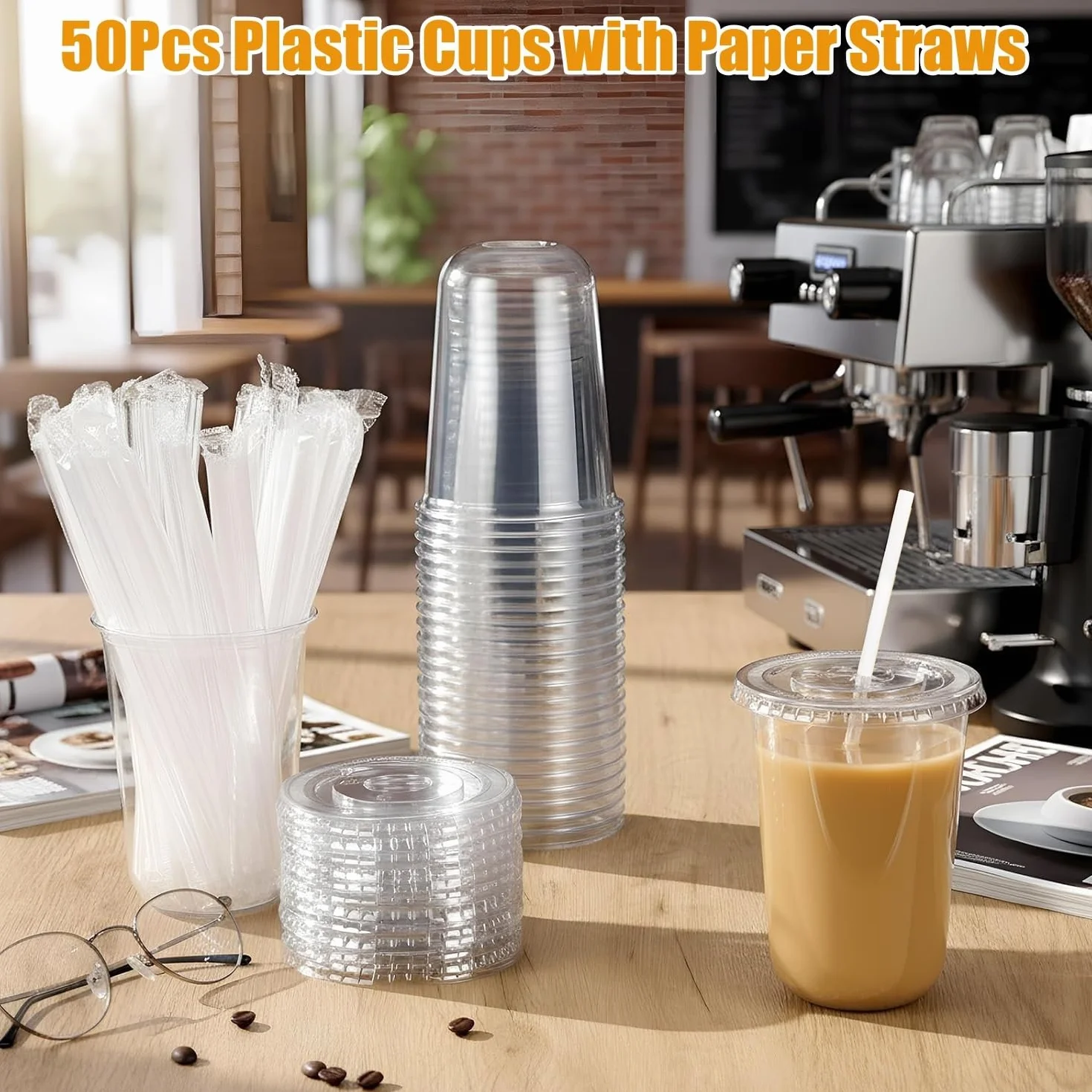 KAHEIGN 50 Piezas Vasos de Plástico Transparente con Tapa Y Pajitas de Papel, 480ml Vaso Reutilizable de Plástico para Café Elegantes Vasos para Café Helado Batidos Bebidas Frías Fiestas Catering