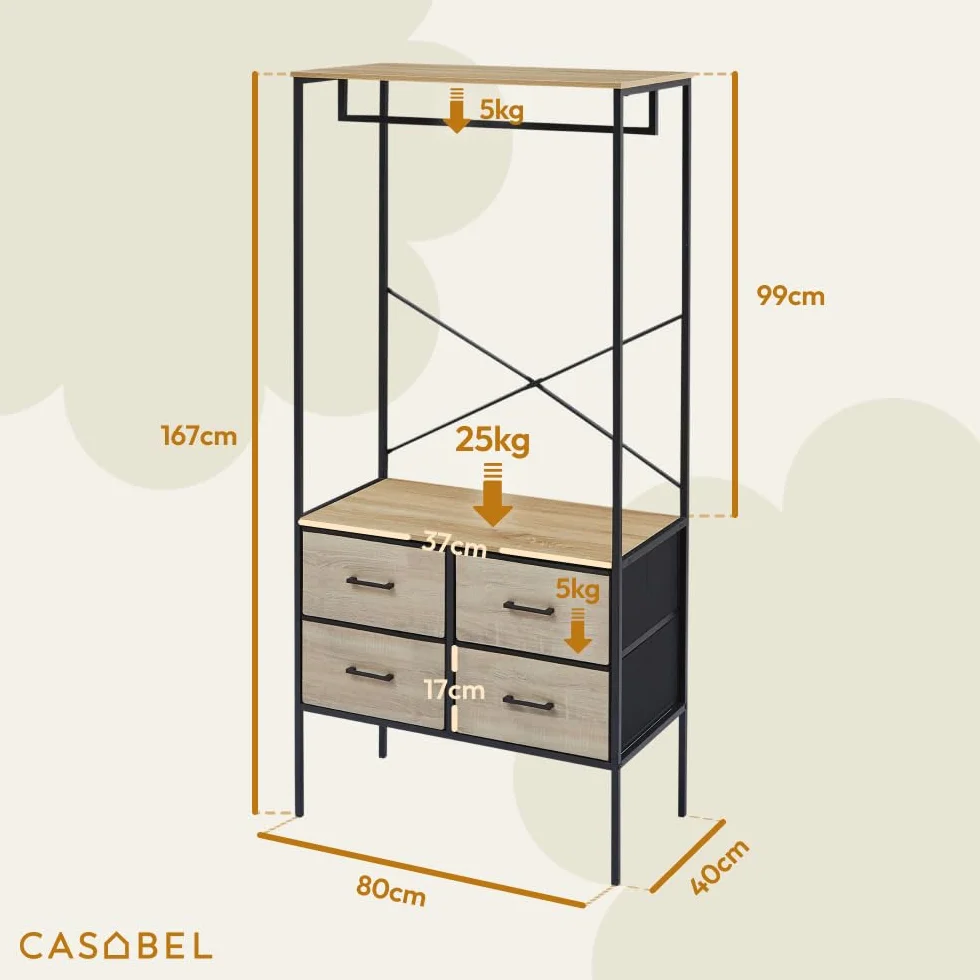 CASABEL Armario Abierto para Ropa 80×40×167 cm con 4 cajones de Tela rígida, cómoda compacta para Dormitorio o recibidor, Estructura de Metal Negro y Tablero de Madera
