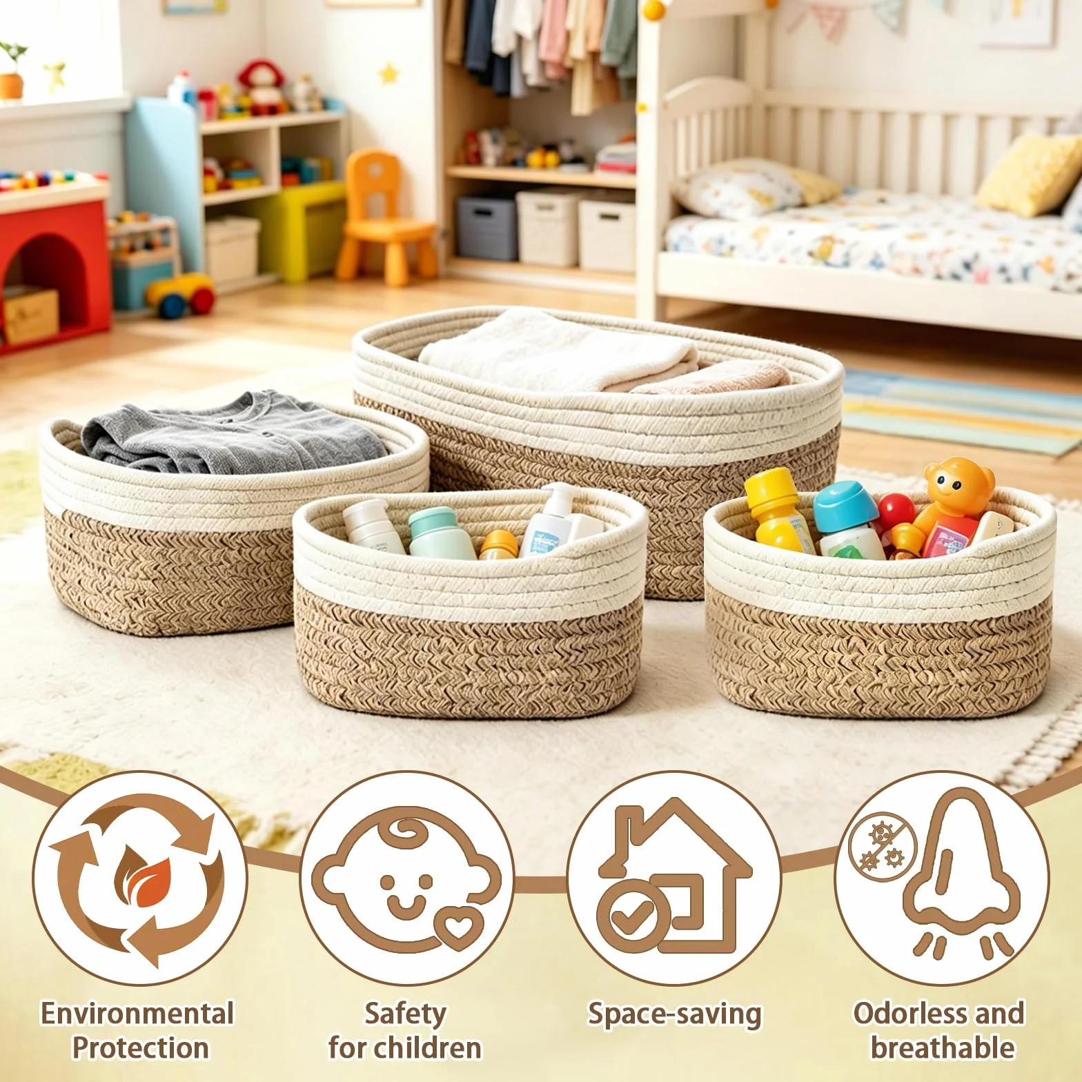 Cestas Organizadoras de Cuerda de Algodón, 4 Piezas, Almacenaje para Baño y Habitación Infantil