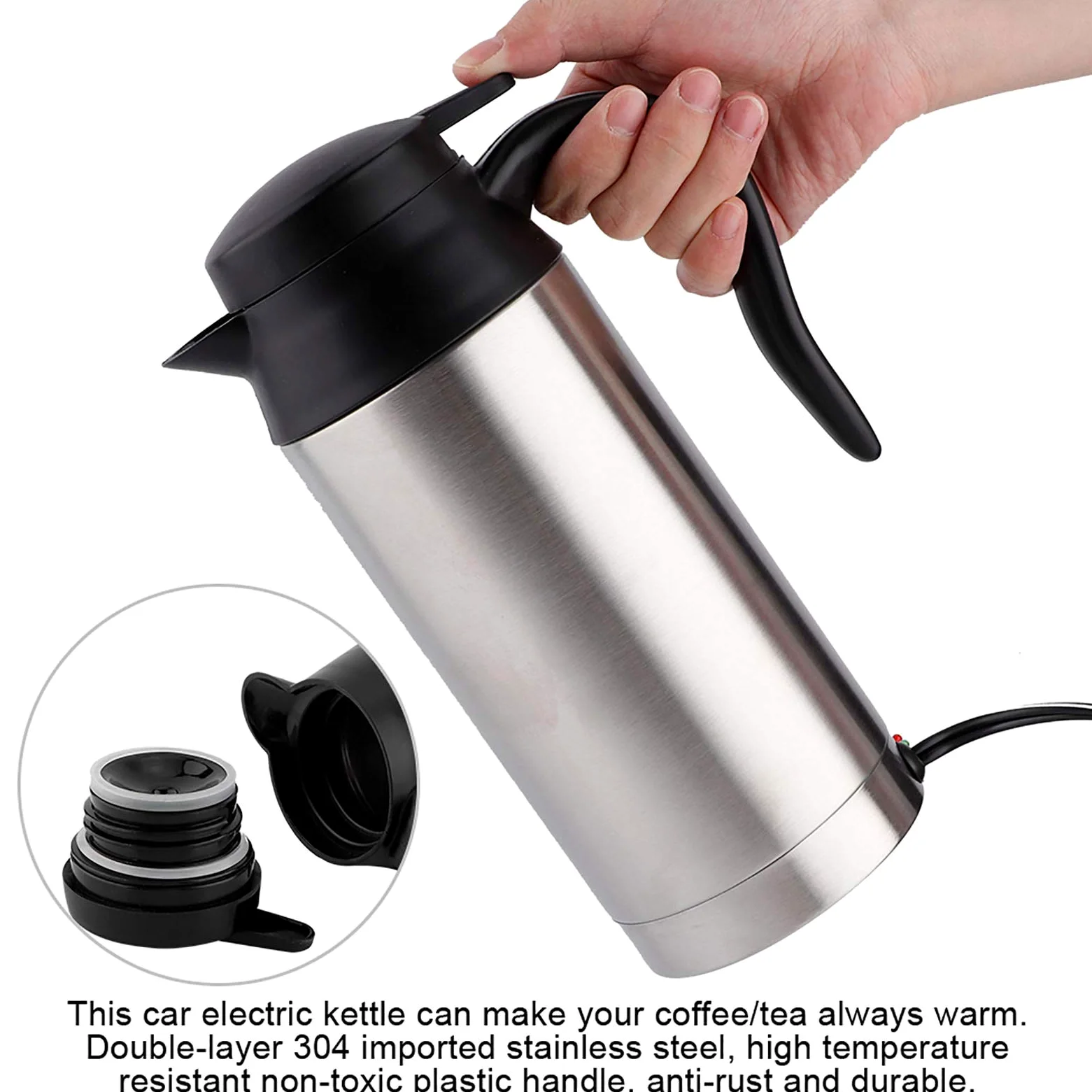Tetera eléctrica de acero inoxidable de 750 ML para coche, reemplazo de té y café para termo, taza de calentamiento de agua, 12 V