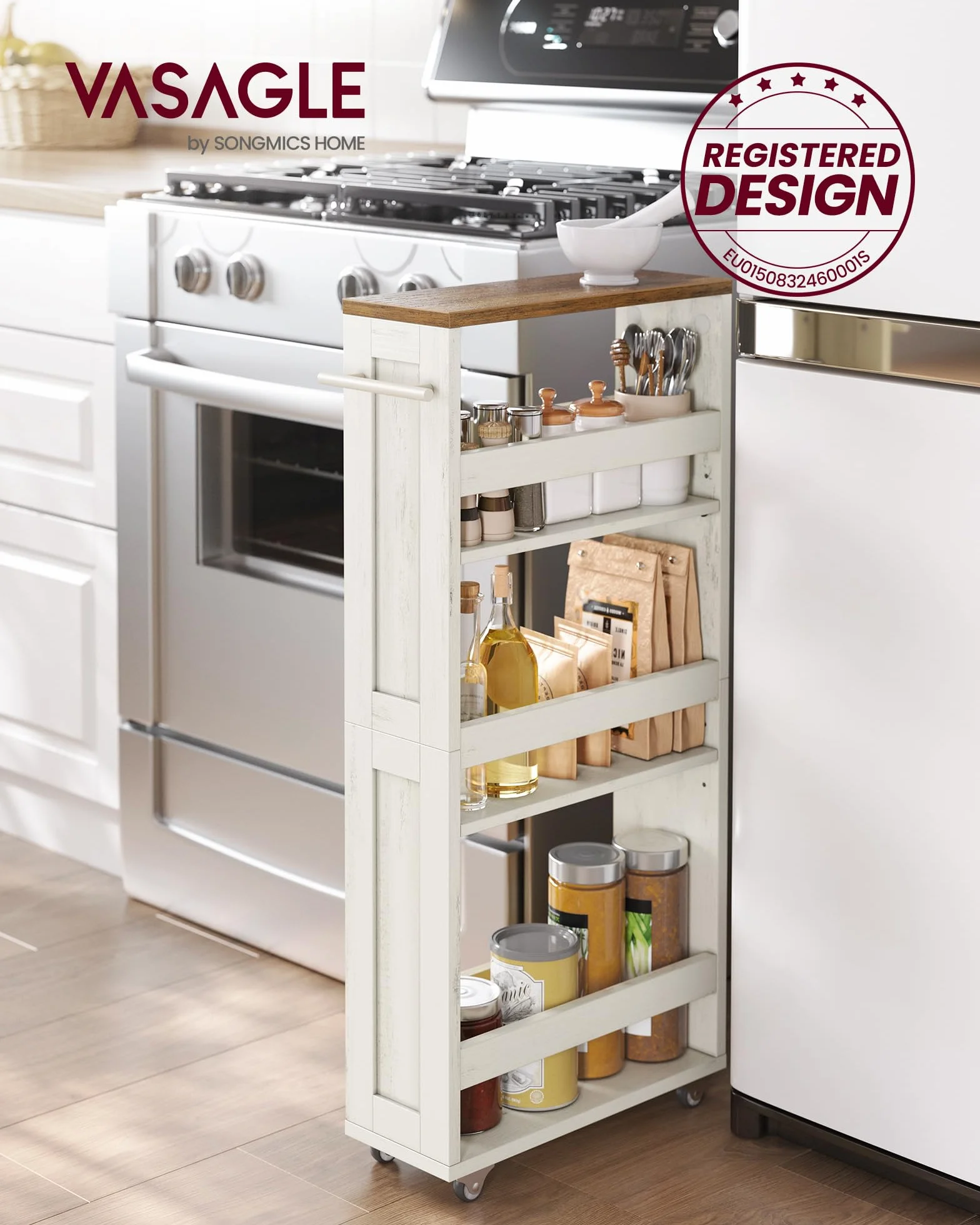 VASAGLE Carrito de Almacenaje Delgado de 4 Niveles, Estante de Cocina con Ruedas, con Asa, Espacio Pequeño, 15 x 43,2 x 86,5 cm, Baño, Lavandería, Blanco Rústico y Marrón Miel LRC050K01