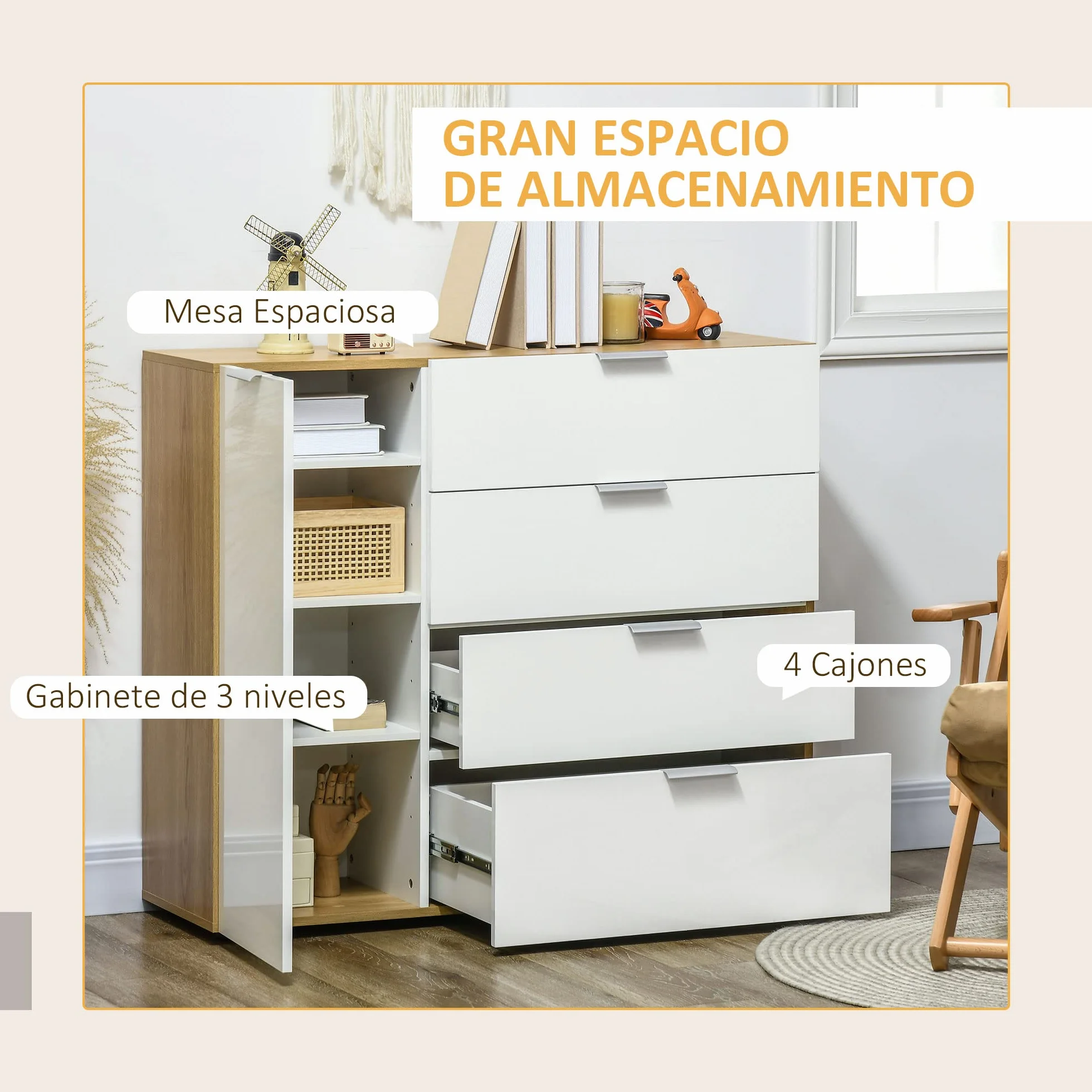 HOMCOM Cómoda de Dormitorio Aparador de Salón con 4 Cajones de de Alto Brillo Puerta y Estantes Ajustables para Comedor 105x35x92 cm Blanco y Natural