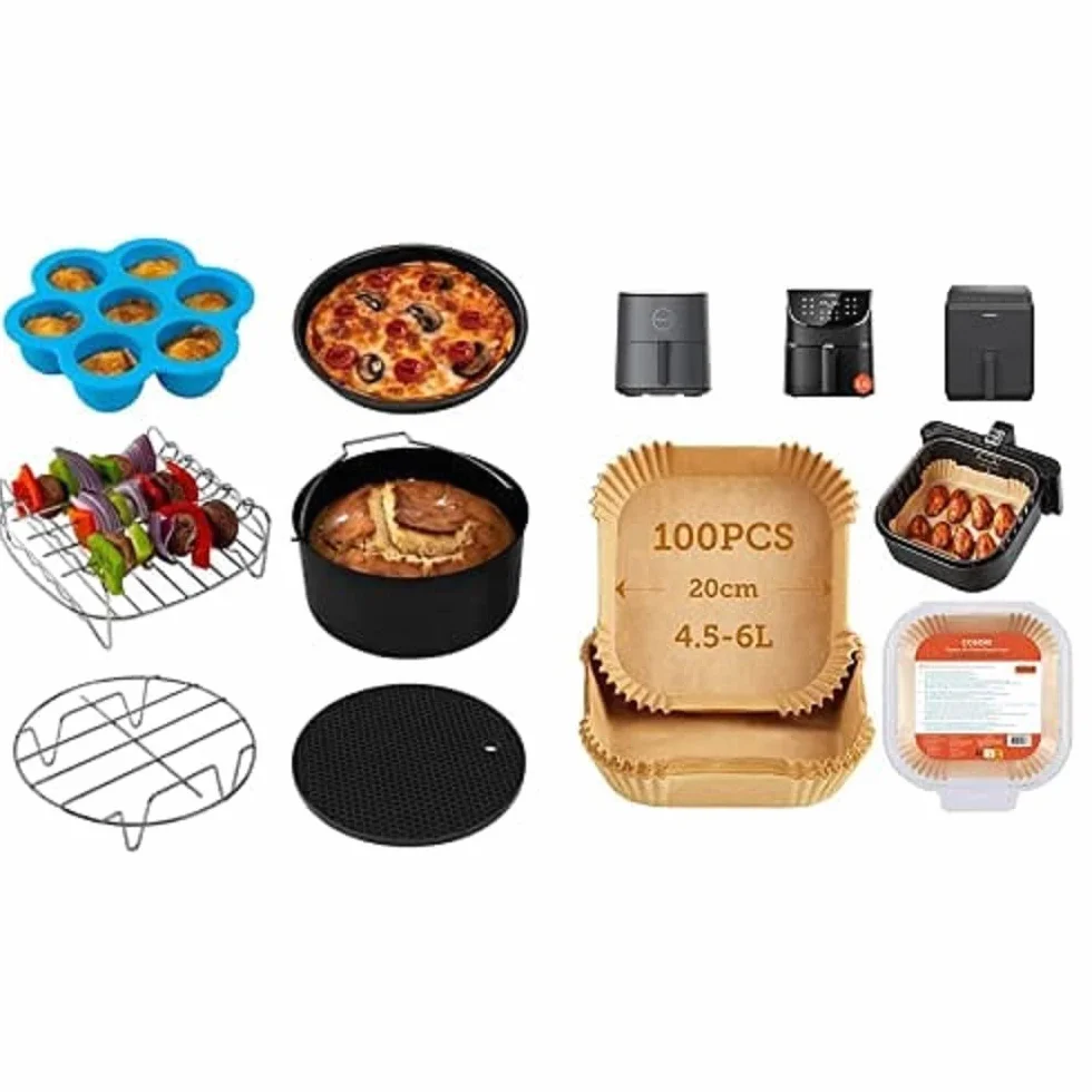 COSORI Papel Horno para Freidora sin Aceite, 100 Piezas Papel Horno Cuadrado de Desechable + COSORI Accesorios para Freidora sin aceite 5.5L, Molde para respostería, Bandeja para pizza