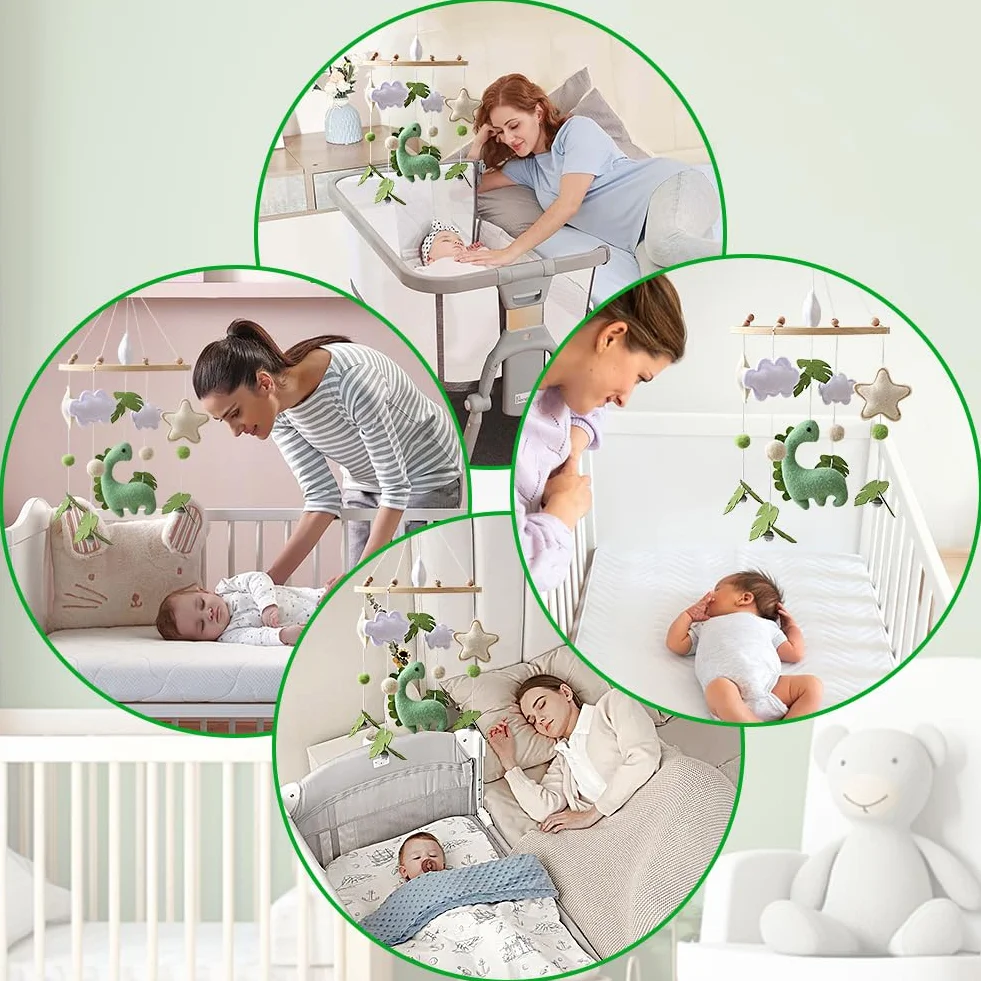 Movil Cuna Bebe de Madera Dinosaurios Hojas Nubes Estrellas Cascabeles Regalo