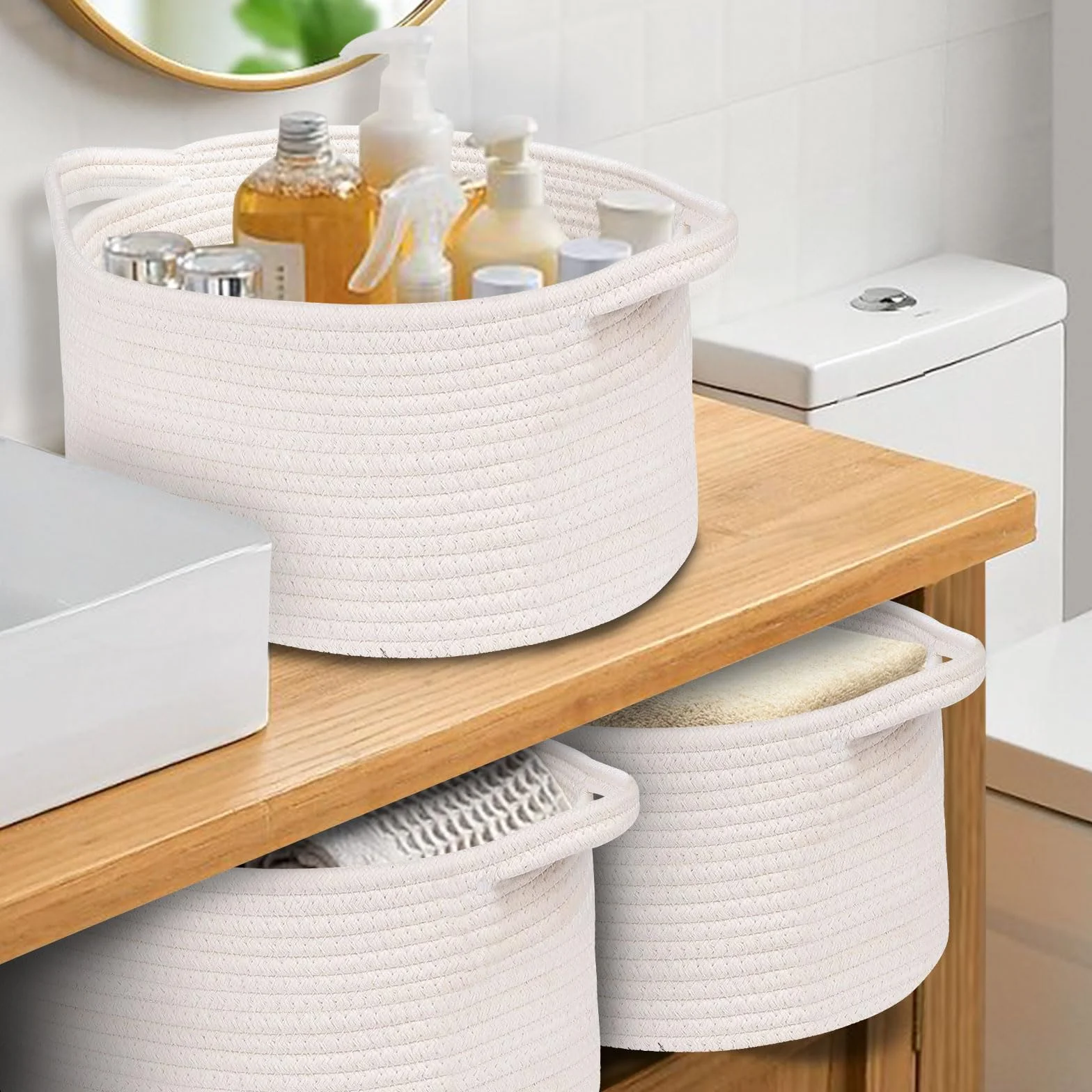 OUTBROS Cestas Almacenaje Tejida Cuerda Algodón Mango Almacenamiento Baño Dormitorio Armario Blanco