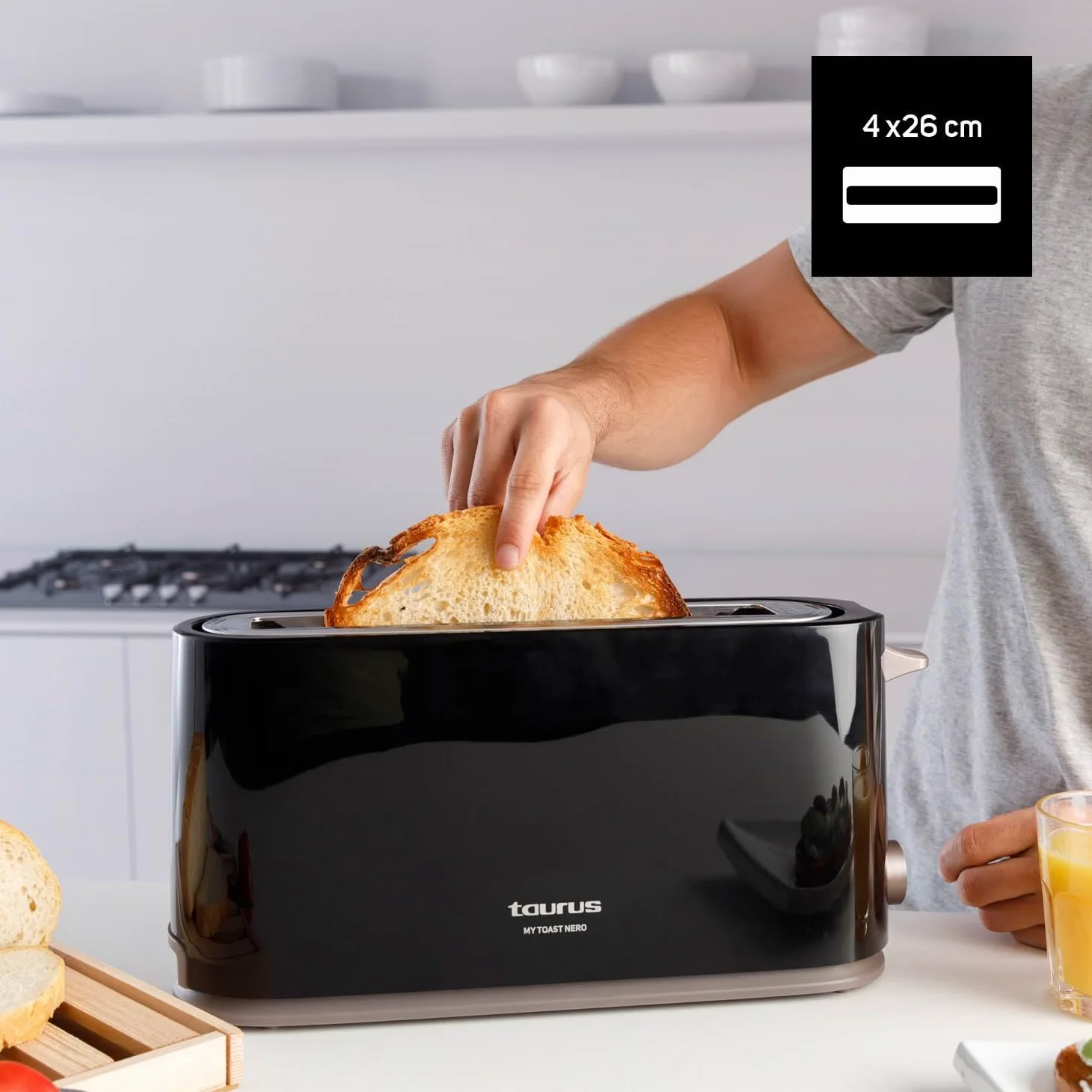 Taurus - Tostadora Mytoast Nero 1000W | 7 Niveles de Tostado | Ranura 260 mm | Sistema Autocentrado | Bandeja Recogemigas | Elevación Extra | Recoge Cable | Pies Antideslizantes