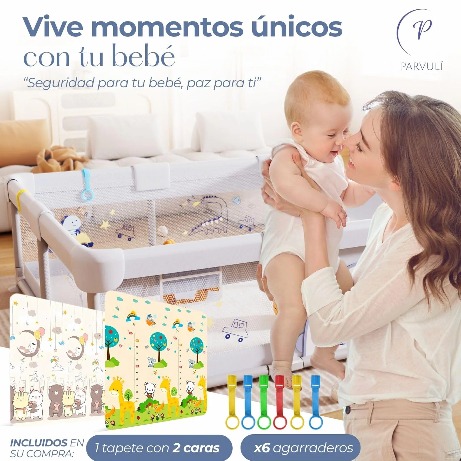PARVULI Parque Infantil Bebe 120x120cm con Alfombra Acolchada, 6 Agarraderas, Canasta, Bolsa — Corralito Bebe Casa Malla Transpirable