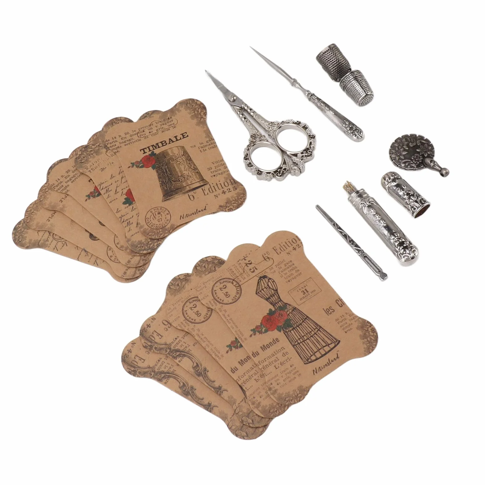 Juego de Tijeras de Bordar Vintage, Kit de Costura Antiguo de Acero Inoxidable con 7 Piezas, para Costura Artesanal (Plata)