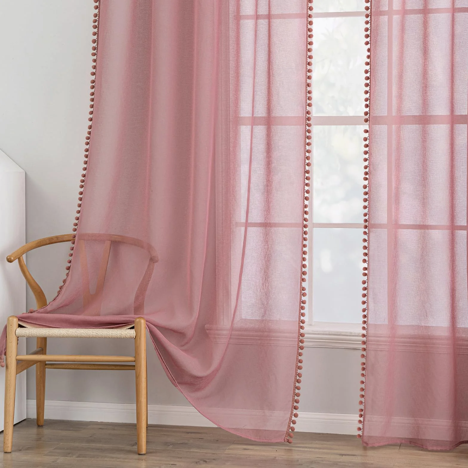 MIULEE Cortina Habitacion Rosa Oscuro con Pompones, 2 Piezas Translucidas 140 x 145cm, Visillos Transparentes para Ventanas