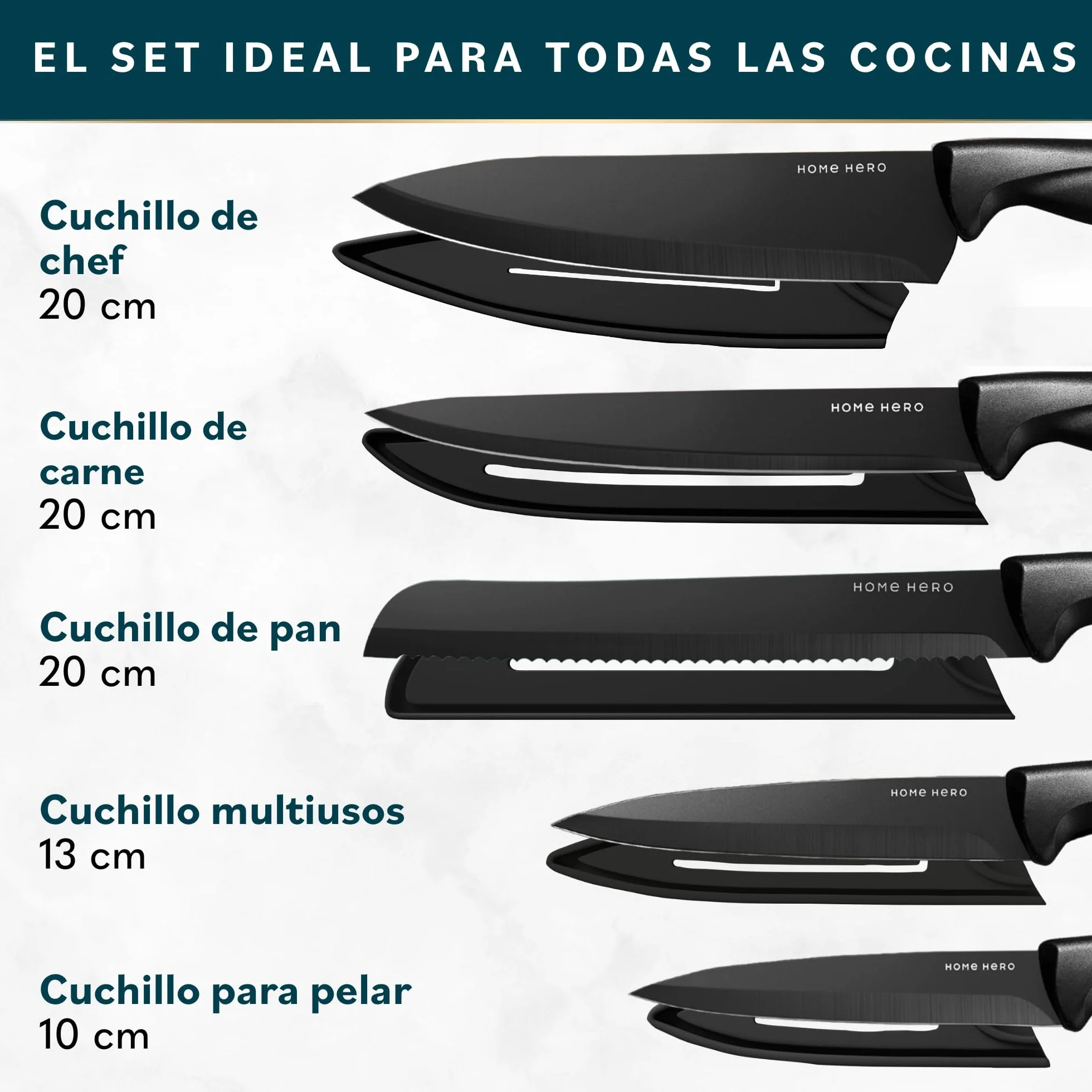 Home Hero Juego de cuchillos de cocina Juego de cuchillos de acero inoxidable con mango ergonómico (11 piezas con Vaina - Negro)