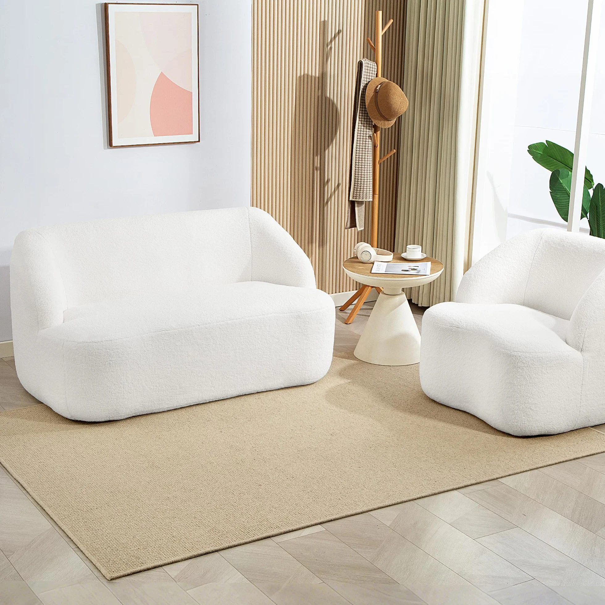 HOMCOM Sofá de 2 Plazas Tapizado en Borreguito Sofá de Salón de 142 cm con Diseño Curvo Acolchado Grueso No Requiere Montaje para Dormitorio Sala de Estar Oficina Crema