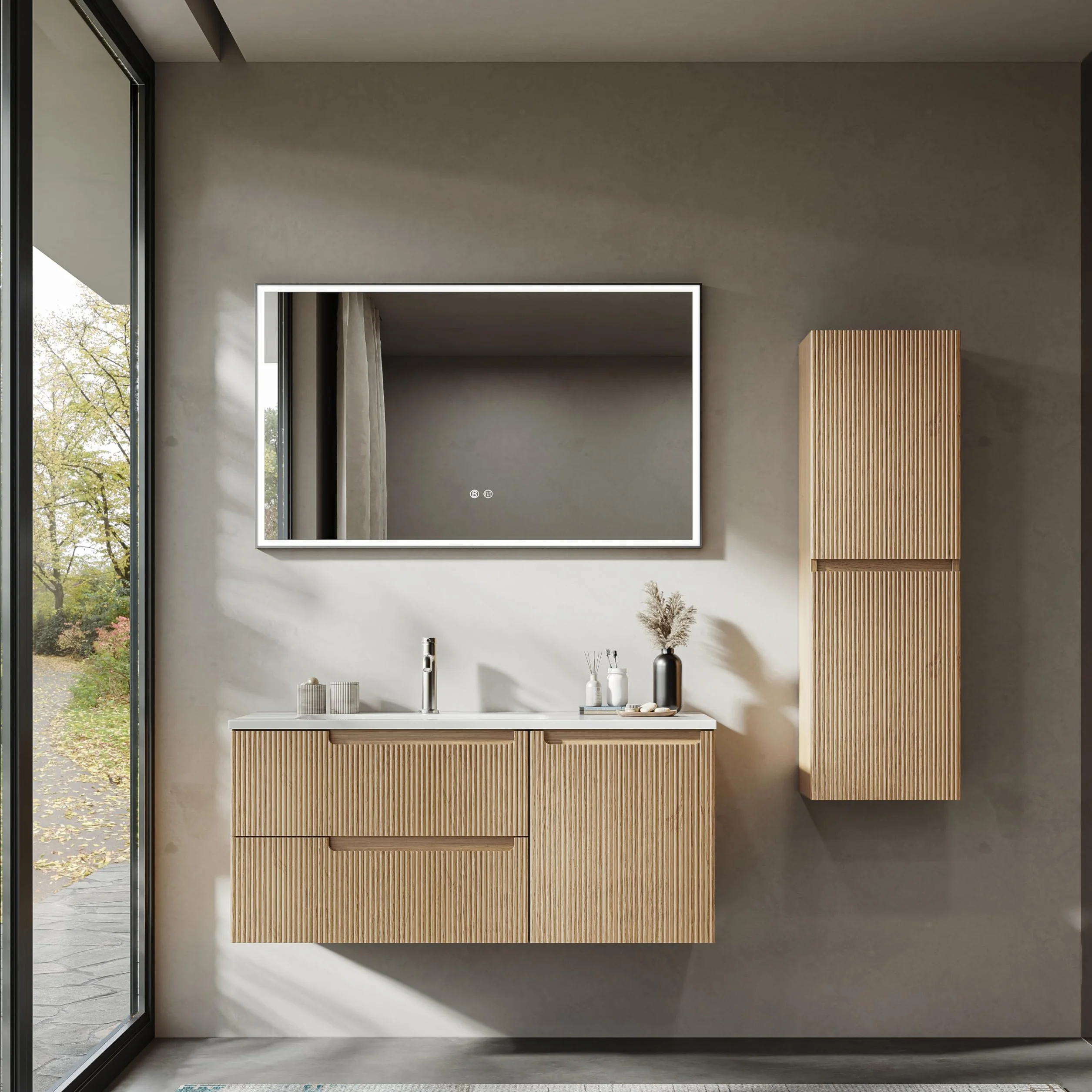 Mueble de Baño Suspendido de 100 cm con Lavabo de Resina Mineral, 2 Cajones y 1 Puerta, Ultrafino, Cierre Suave, Frontal Acanalado – Apto para Baños Grandes – Golden Sand