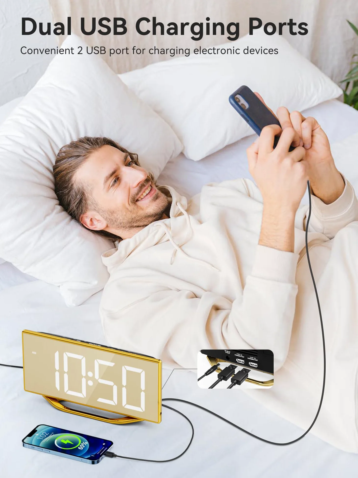 Reloj despertador para dormitorio, moderno reloj digital para sala de estar, reloj despertador LED de 8.7 pulgadas con 2 cargadores USB, repetición, 12/24 horas, 7 reguladores ajustables y volumen