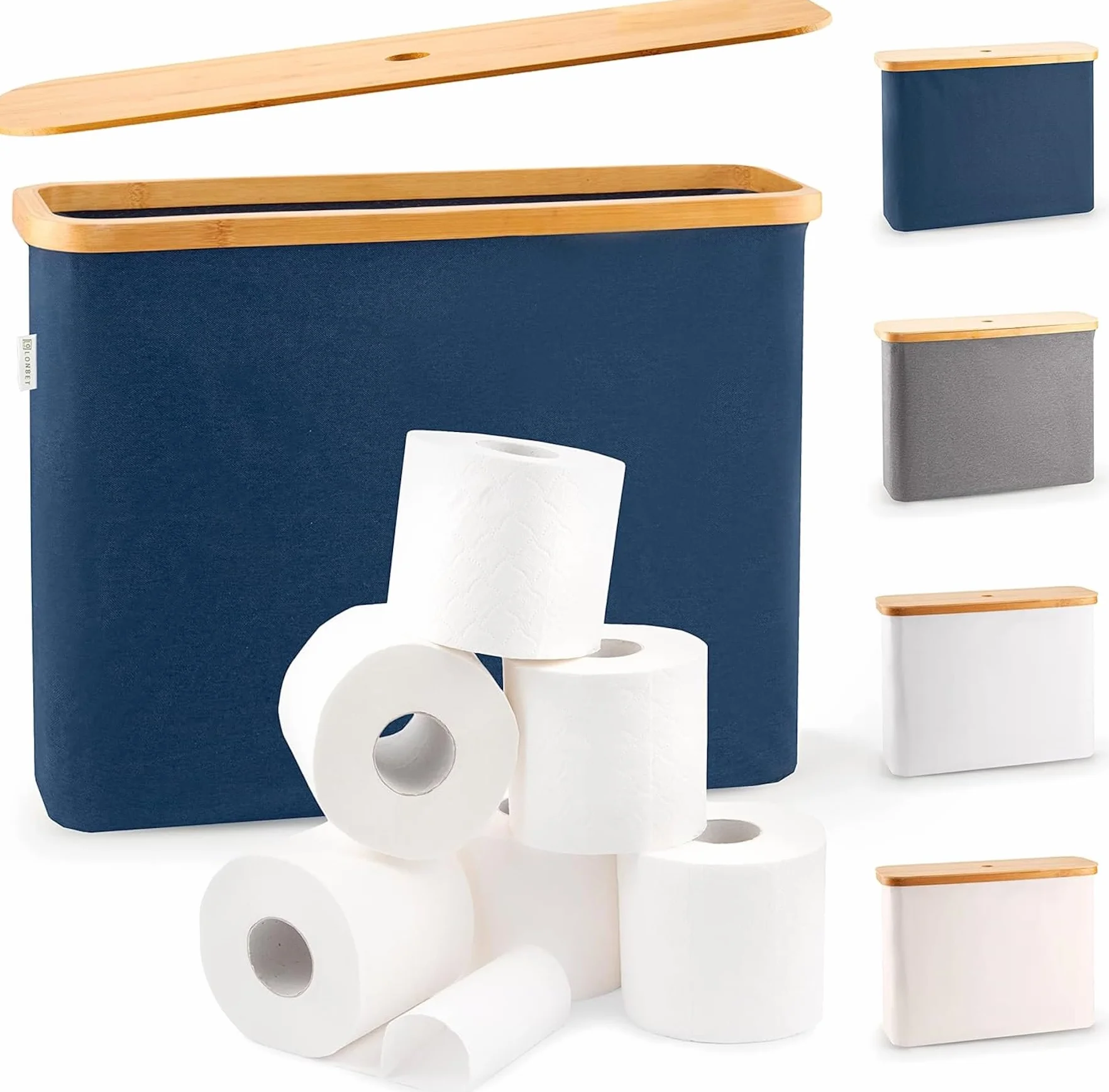 LONBET para 12 Rollos Almacenaje Papel Higienico con Tapa de Bambú - Almacenamiento Baño Plegable e Impermeable - Diseño Elegante y Apilable con Montaje Rápido - Toilet Paper Storage, Azul
